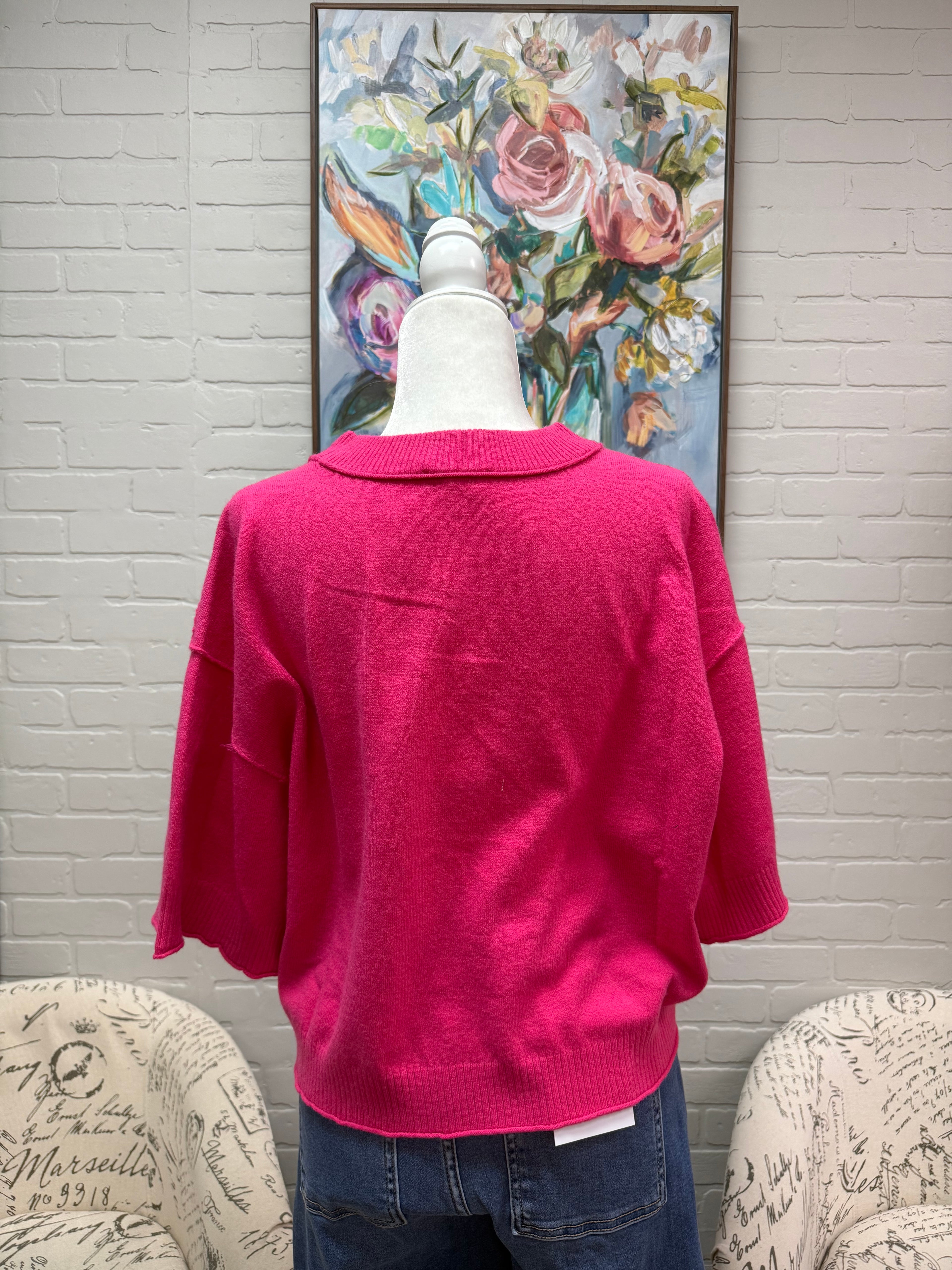 Hot Pink 3/4 Sleeves Sweater