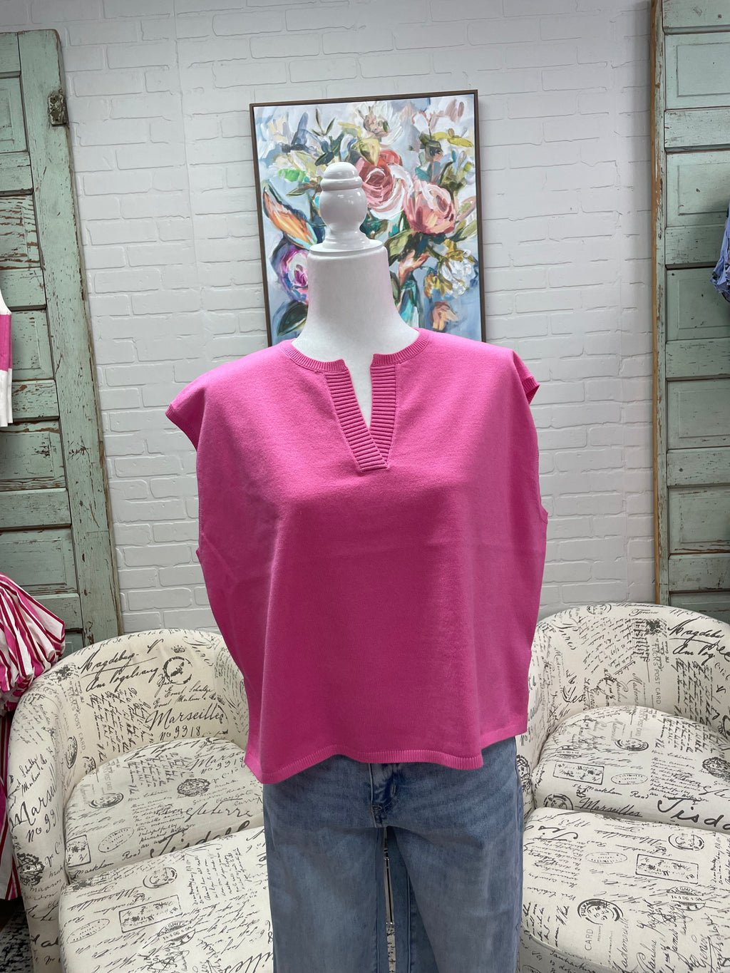 Pink Split Neck Sleeveless Sweater
