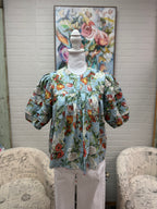 Blue Floral Pleated Sleeve Top