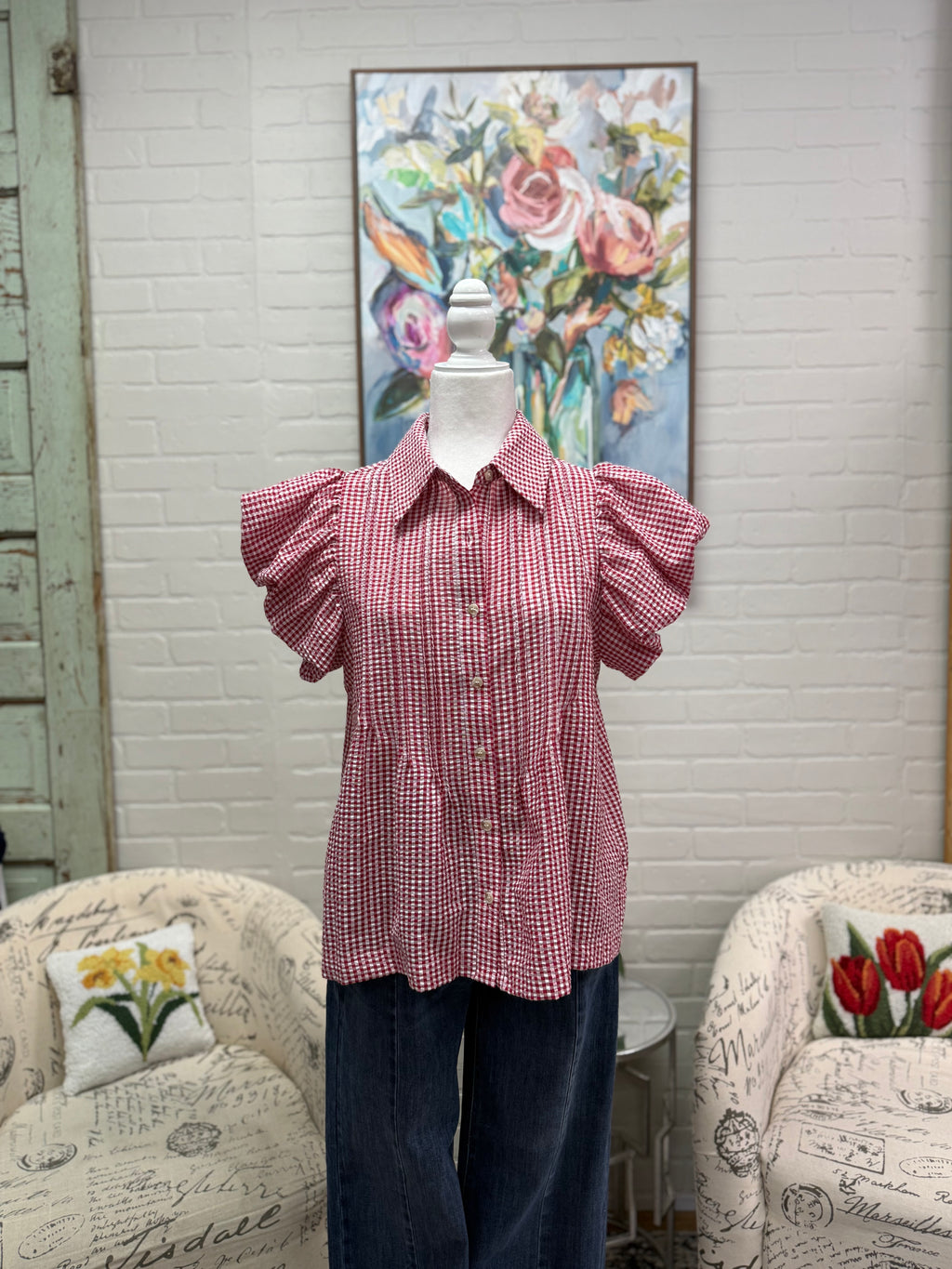 Red Gingham Pintuck Blouse