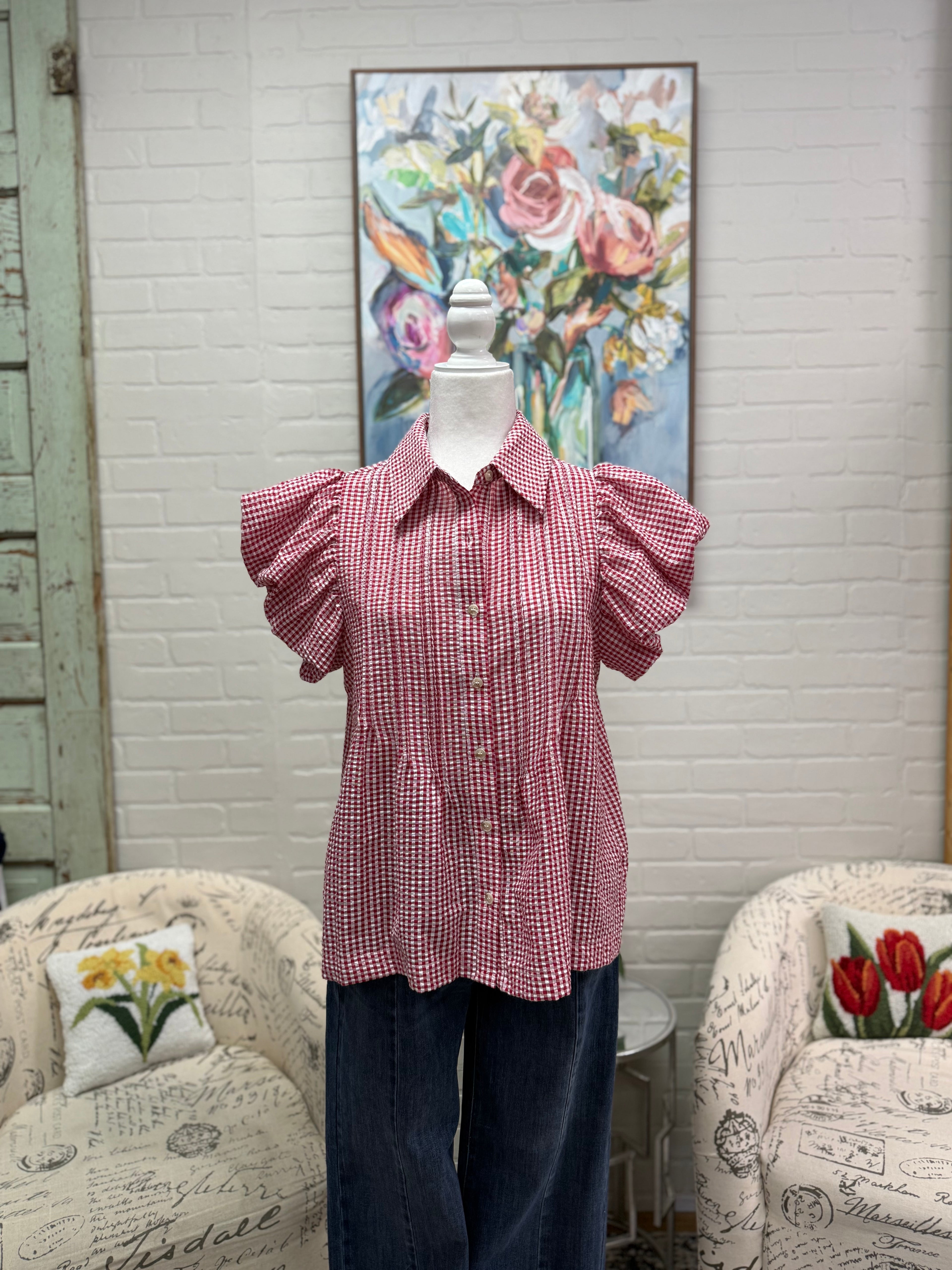 Red Gingham Pintuck Blouse