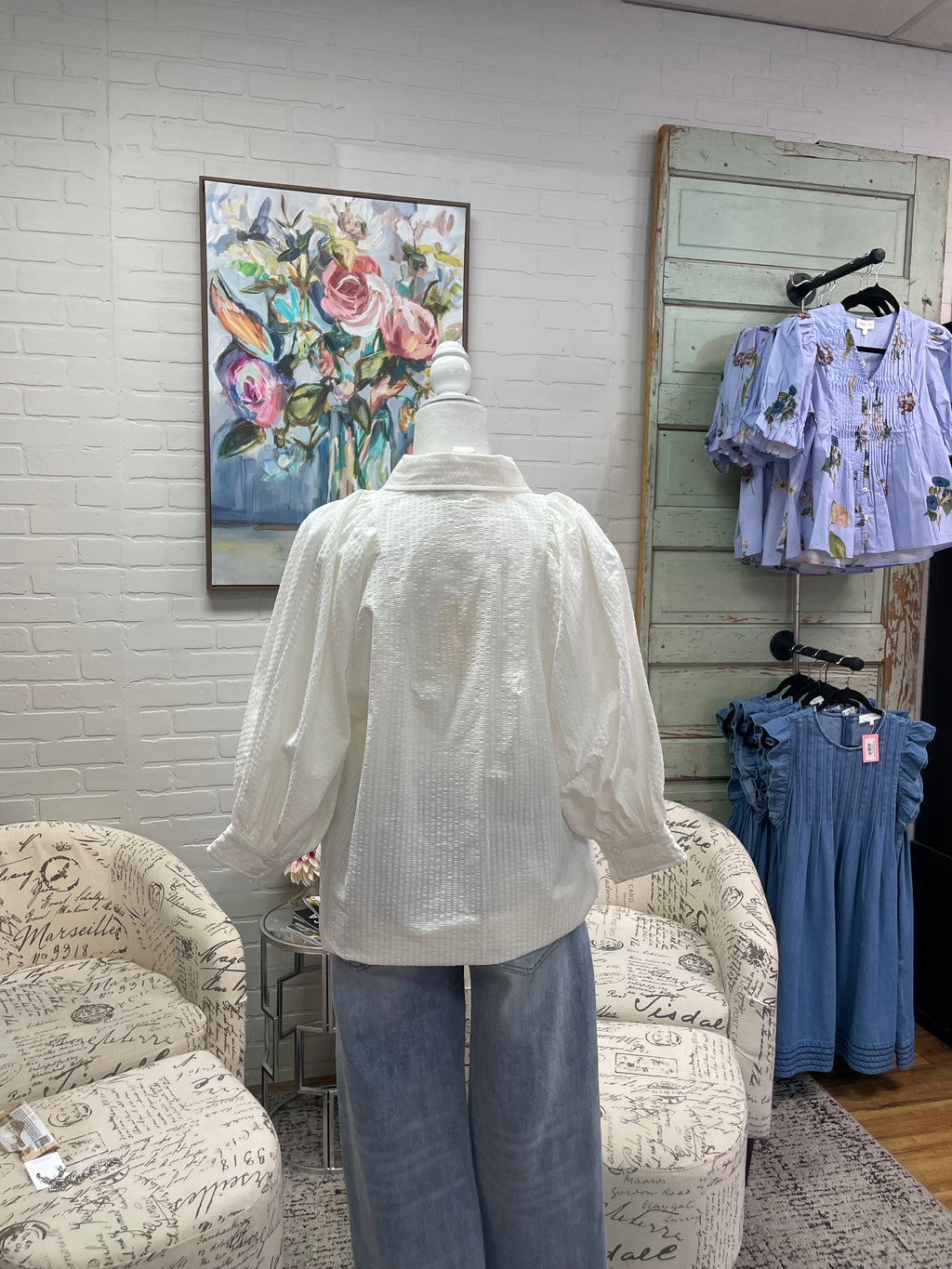White Textured 3/4 Sleeve Blouse