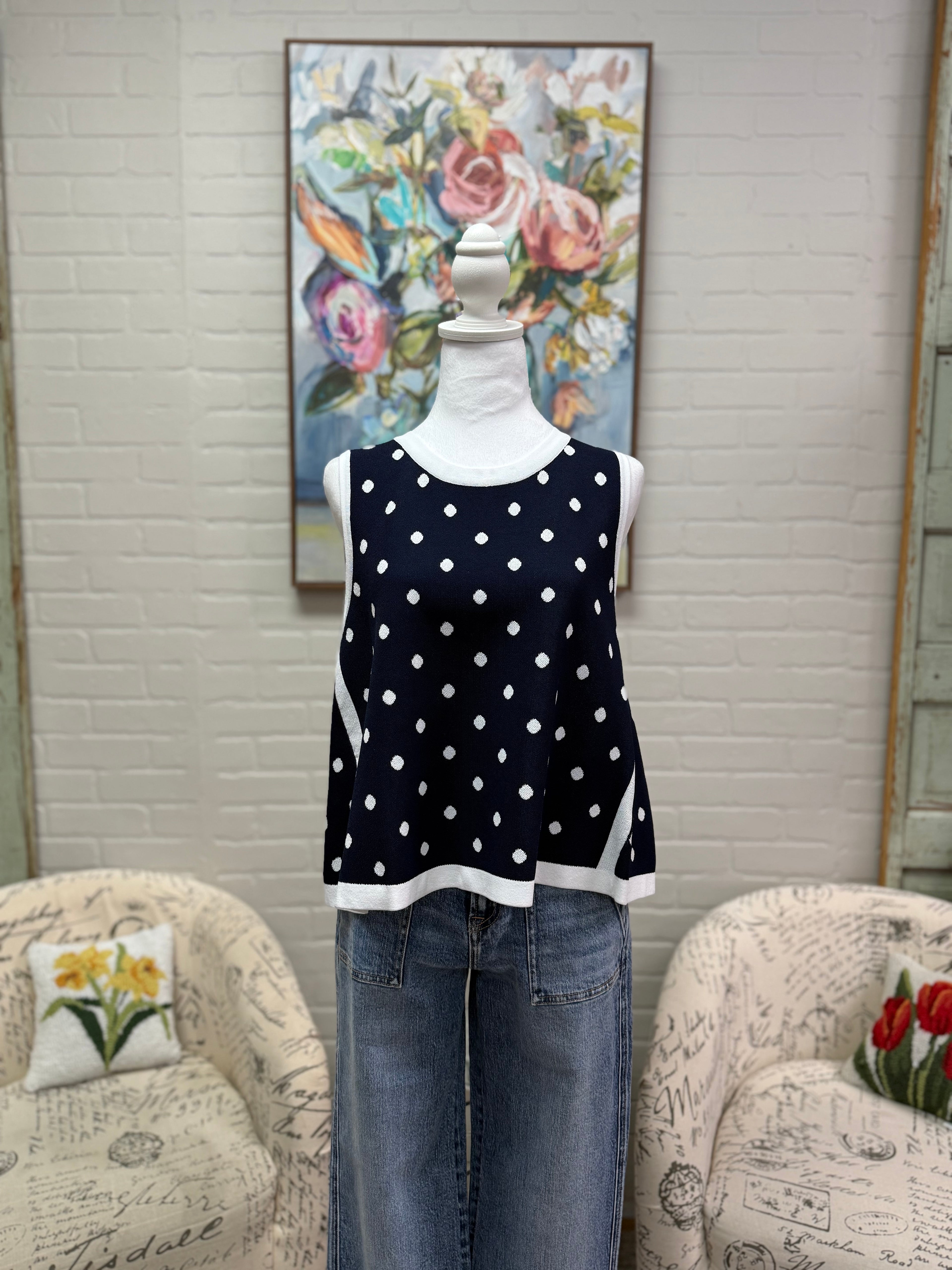 Navy Polka Dot Sleeveless Top