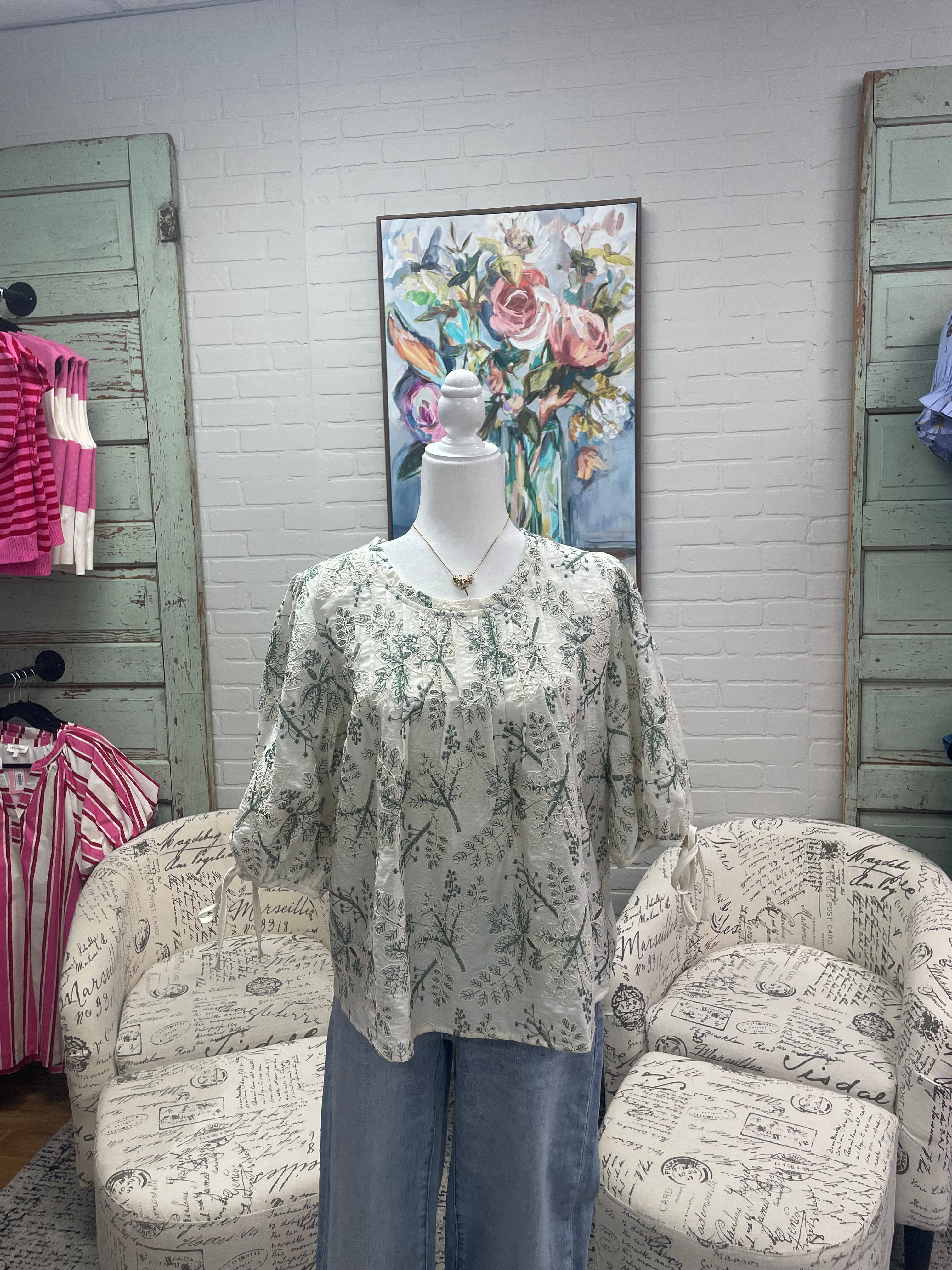 Olive Floral Embroidered Pleated Top