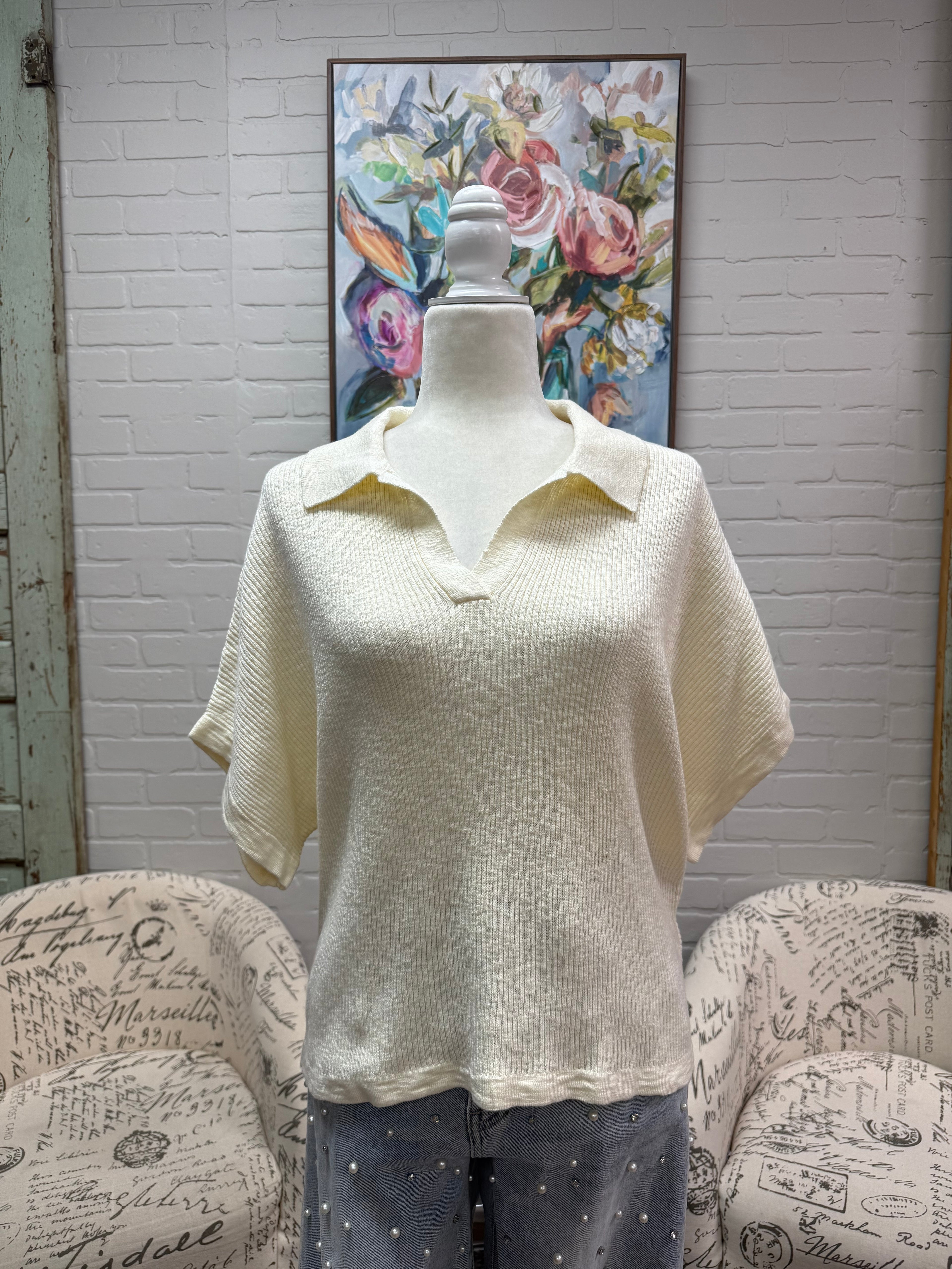 Cream Knit Sweater w/ Dolman Sleeves