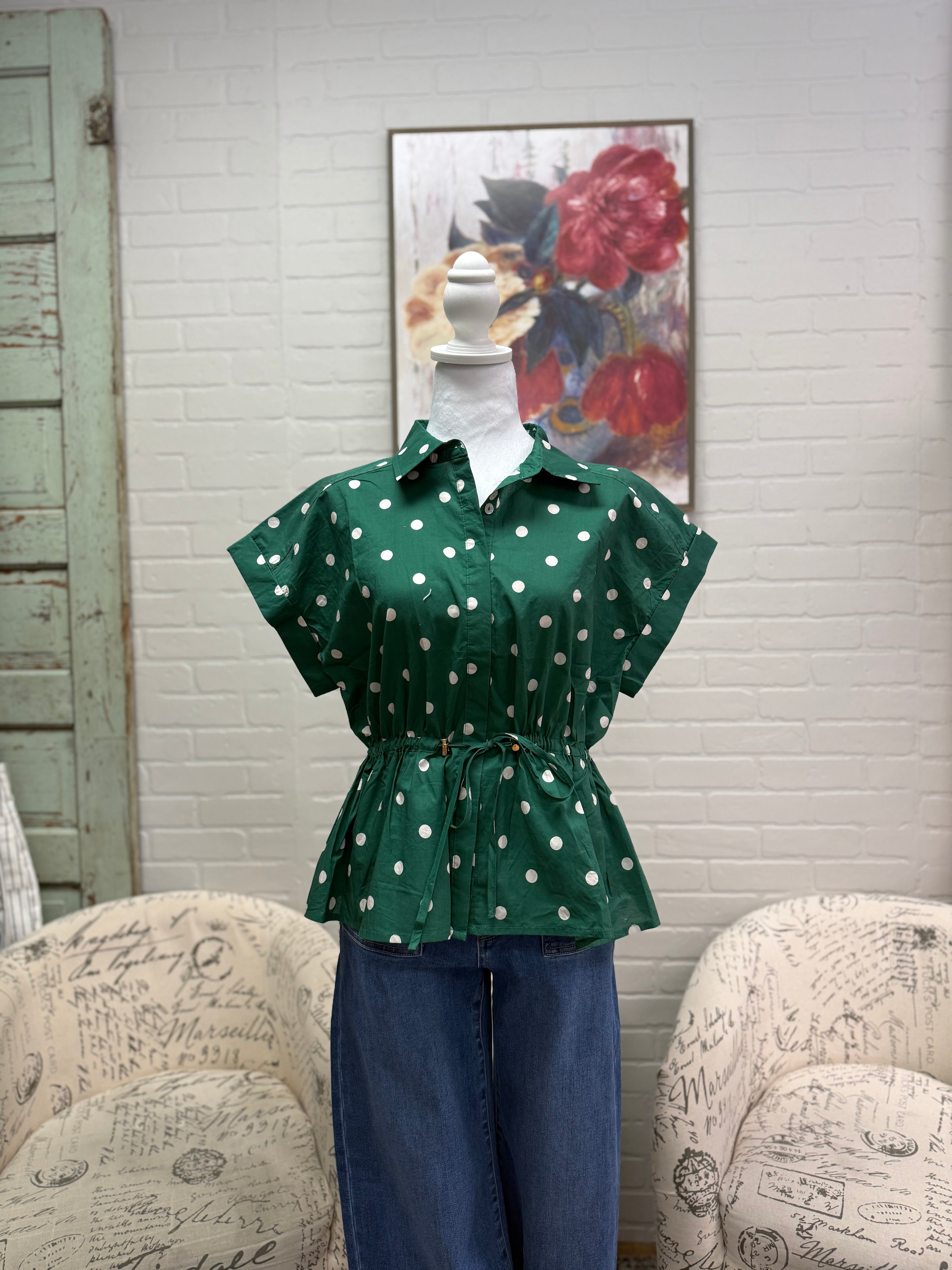 Green Polka Dot Tie Waist Top