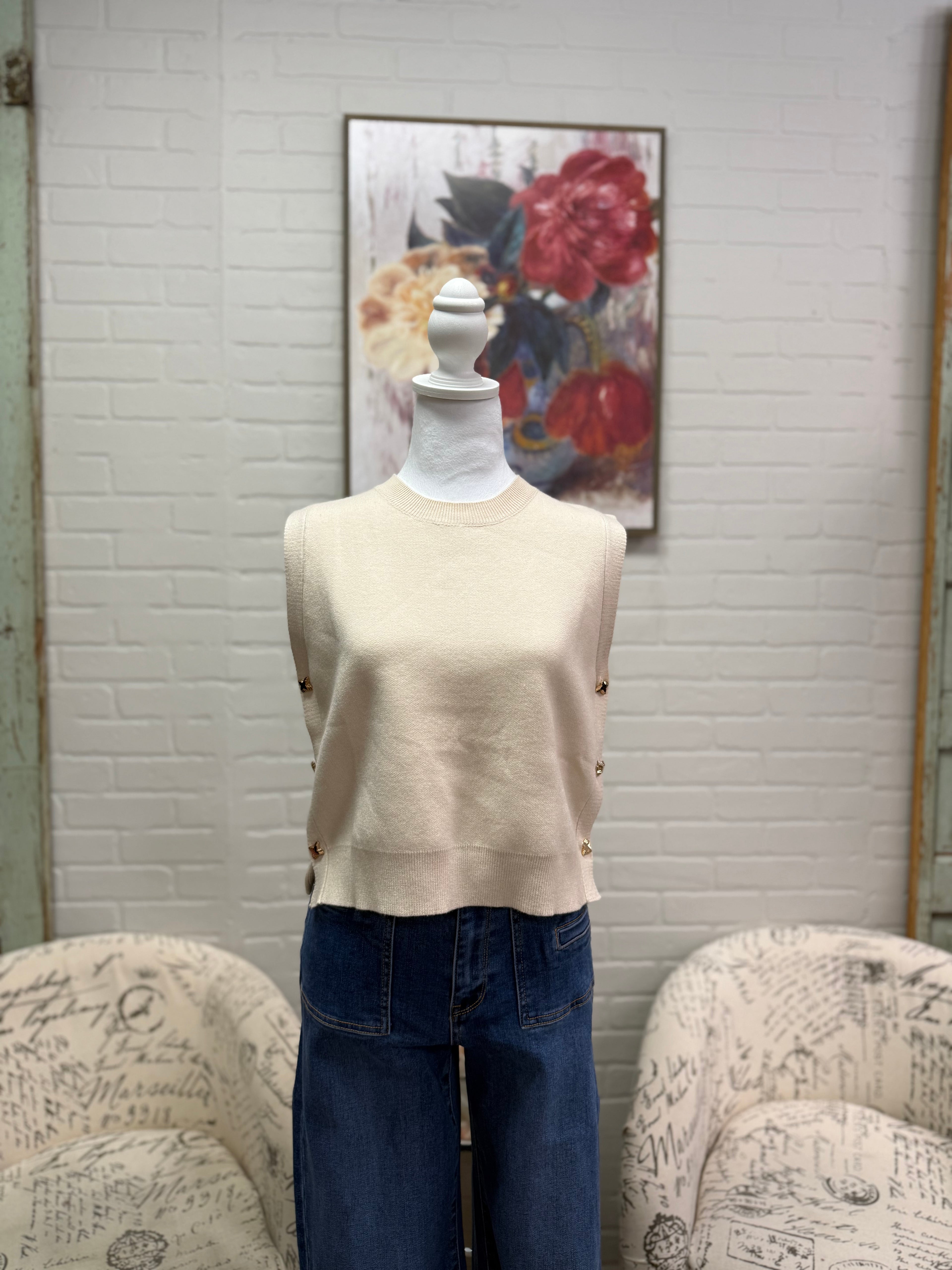 Cream Side Button Sweater
