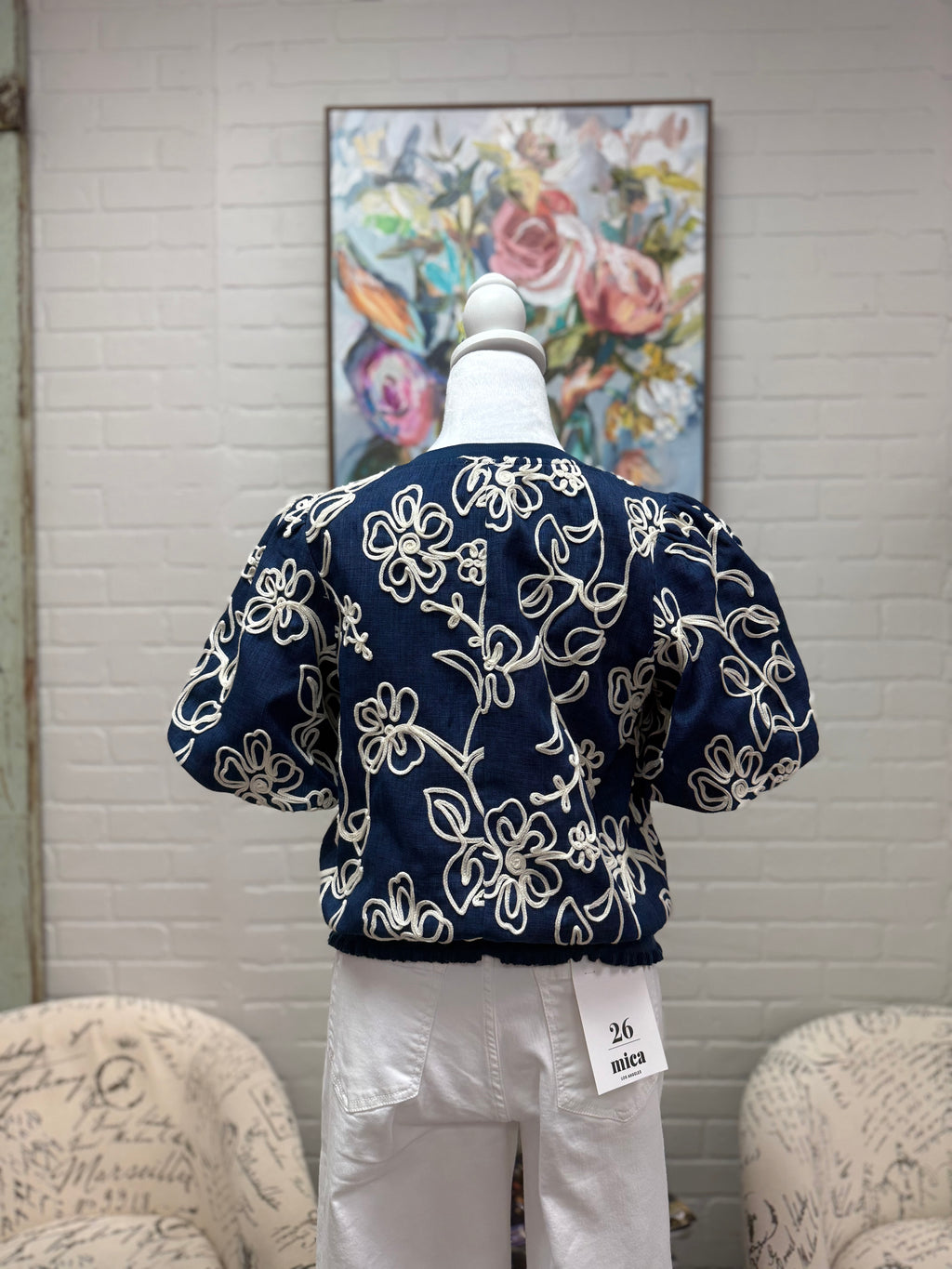 Navy Embroidered Bubble Sleeve Top