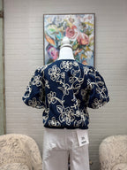 Navy Embroidered Bubble Sleeve Top