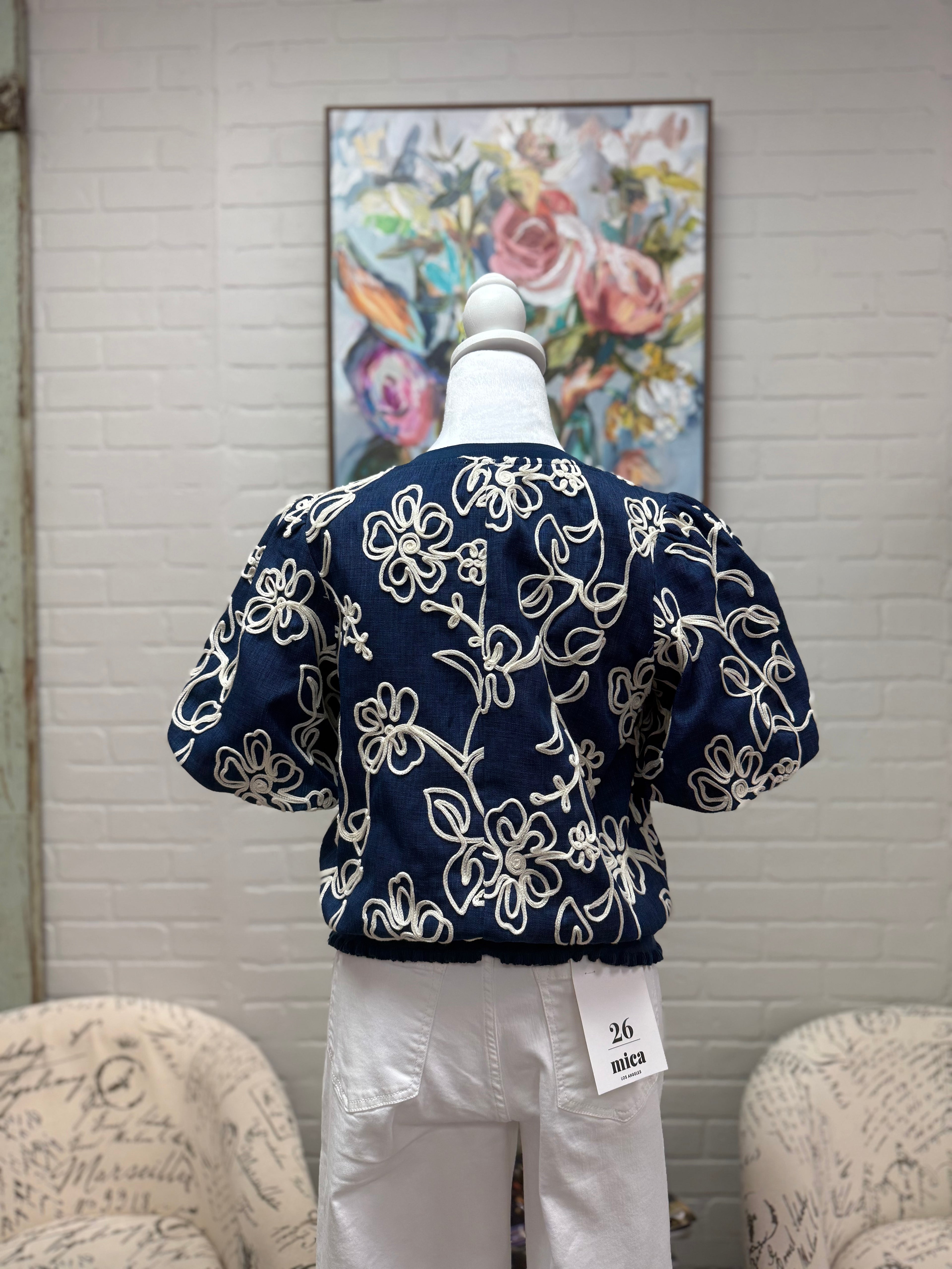 Navy Embroidered Bubble Sleeve Top