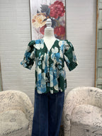 Green & Blue Floral Pintuck Blouse