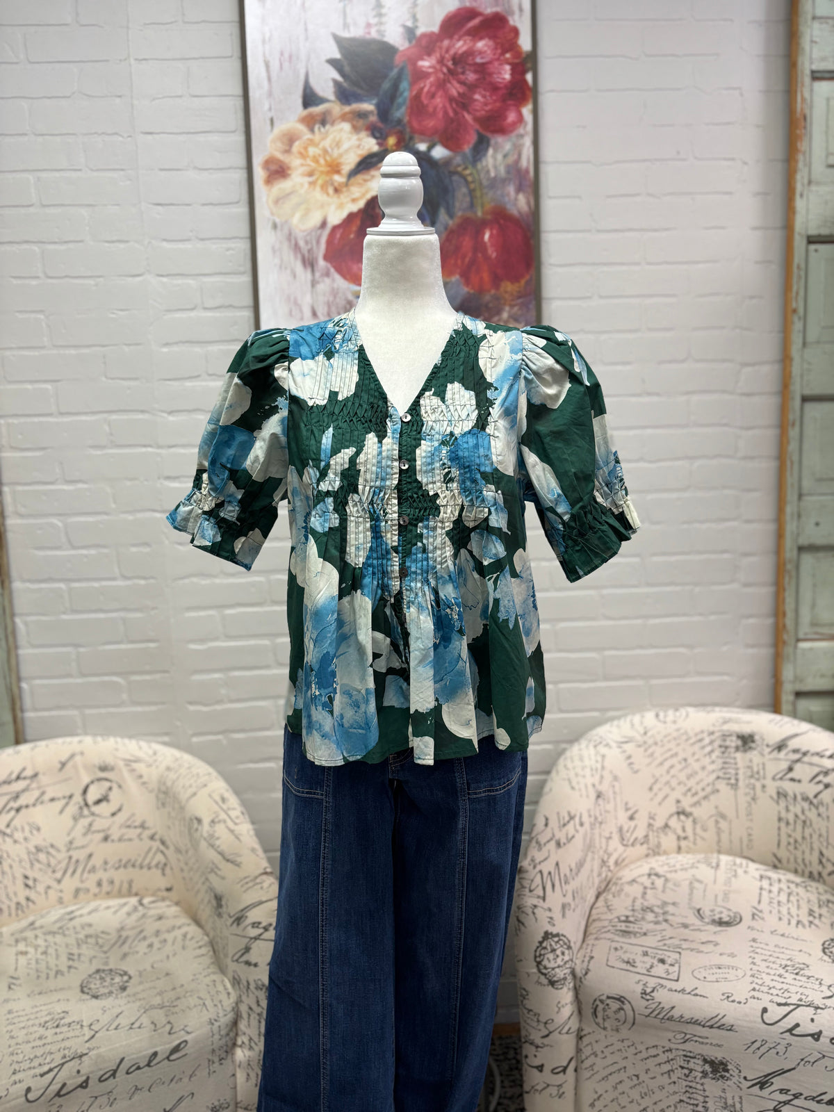 Green & Blue Floral Pintuck Blouse