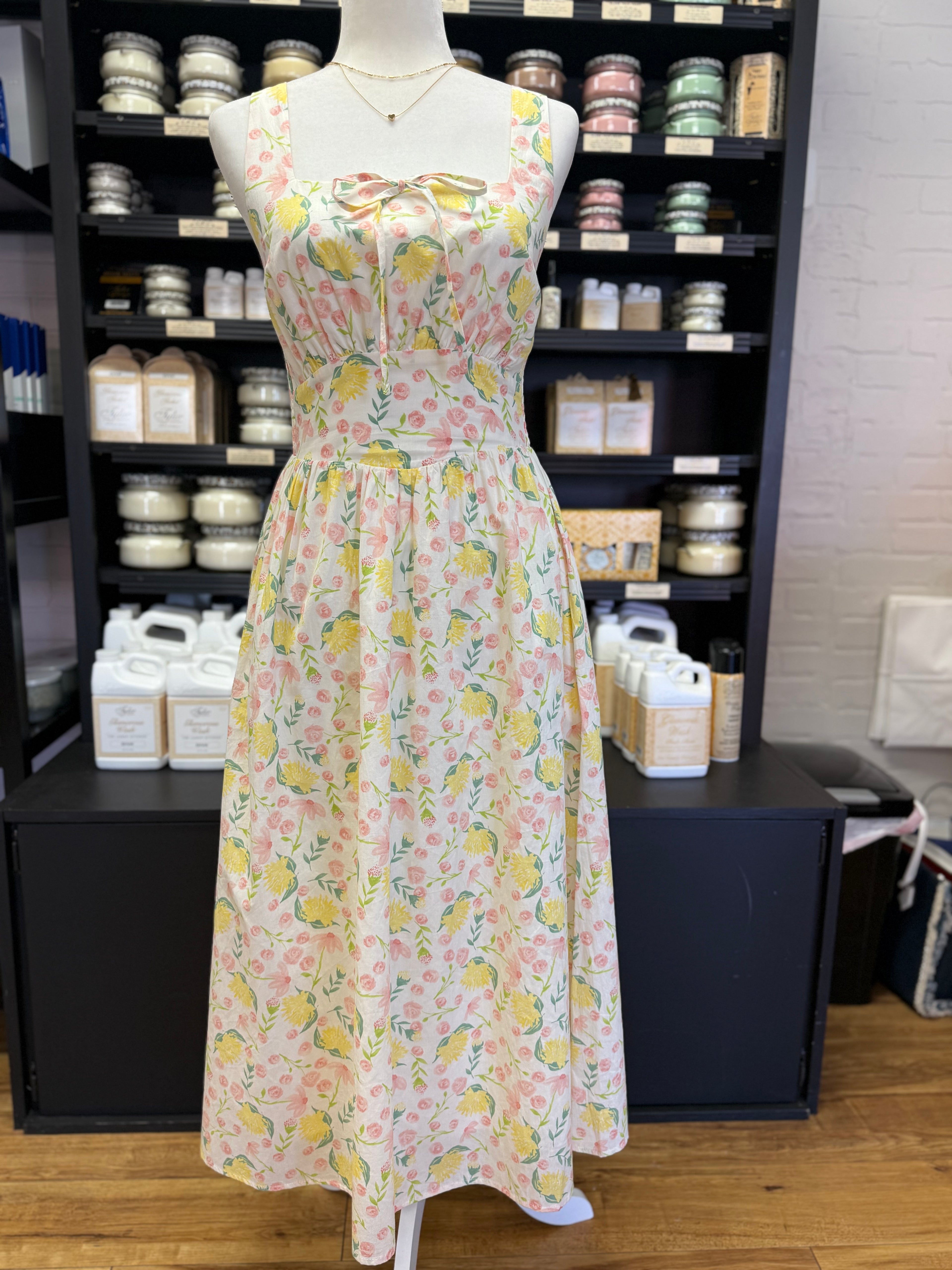 Pink and Yellow Floral Midi Dress