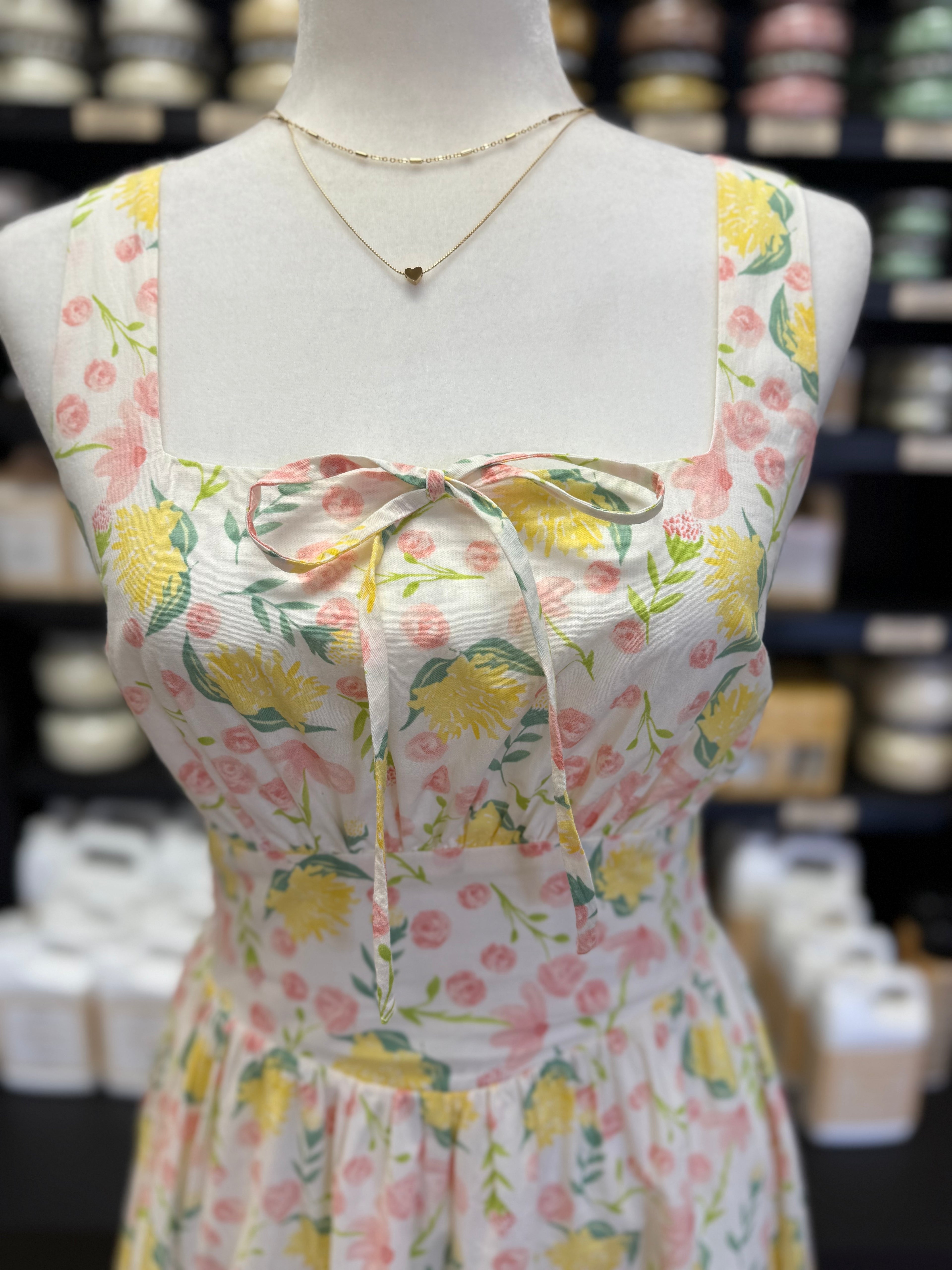 Pink and Yellow Floral Midi Dress