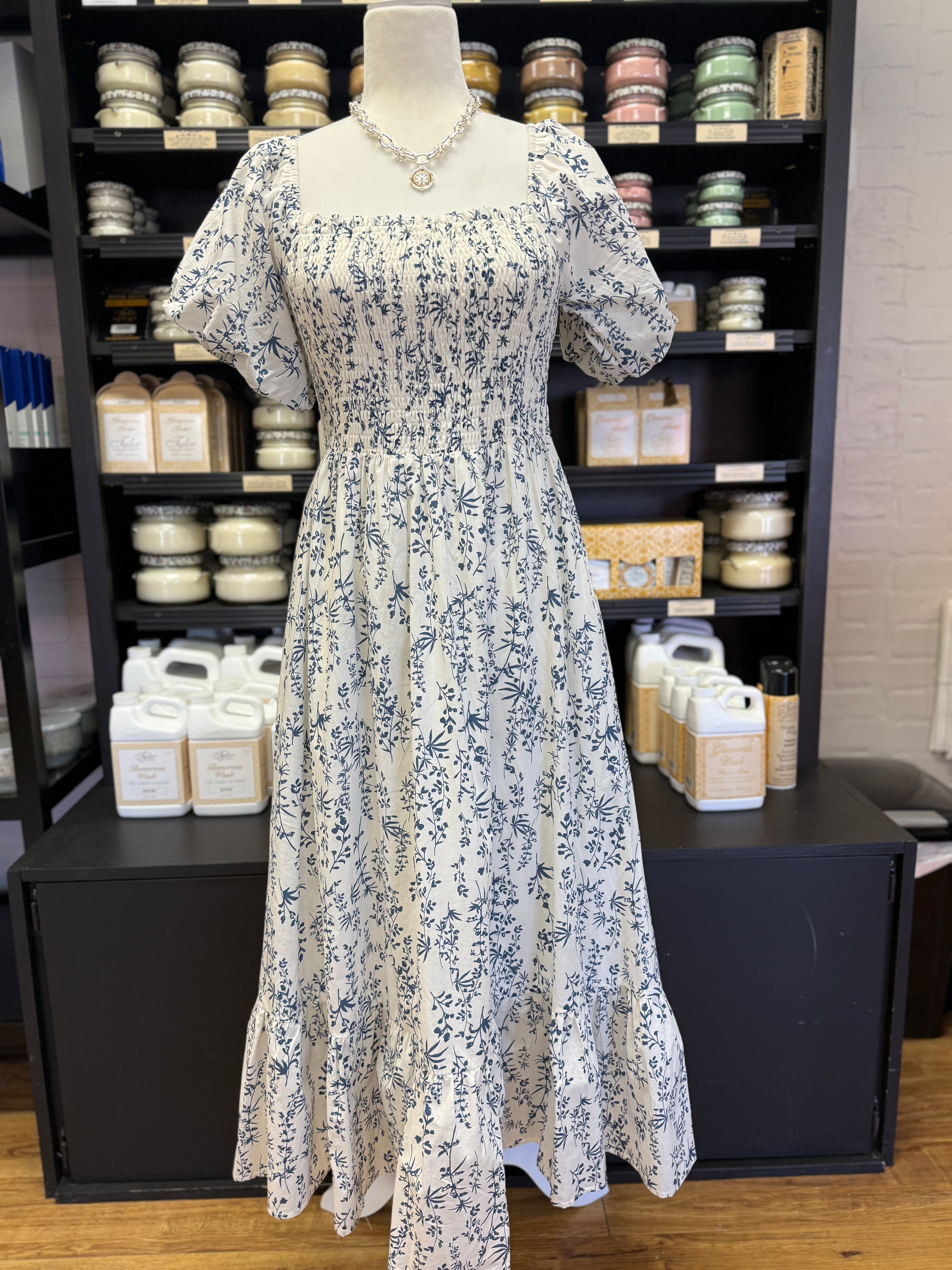 Cream and Navy Botanical Midi Dress