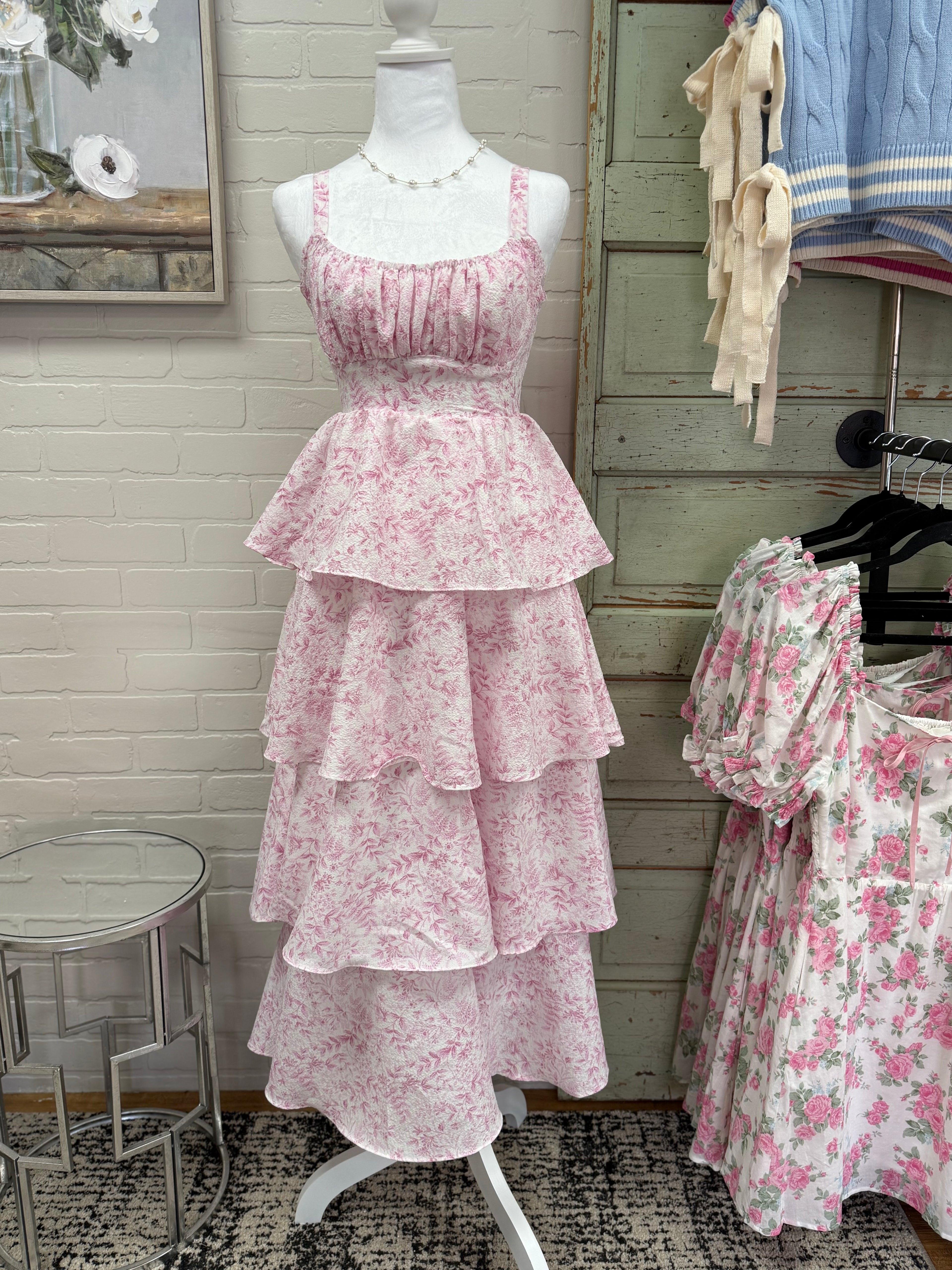 Pink Floral Tiered Midi Dress