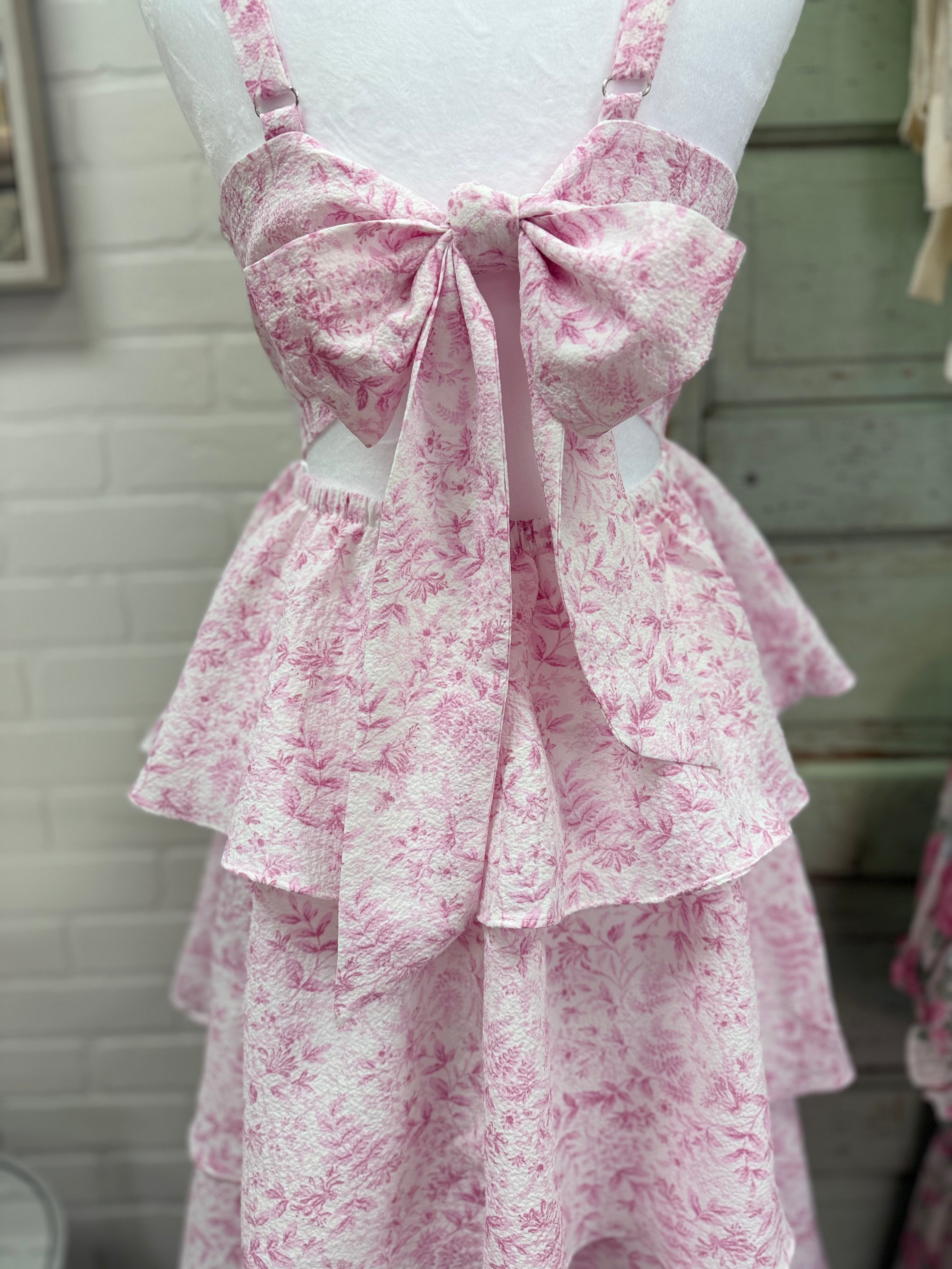 Pink Floral Tiered Midi Dress