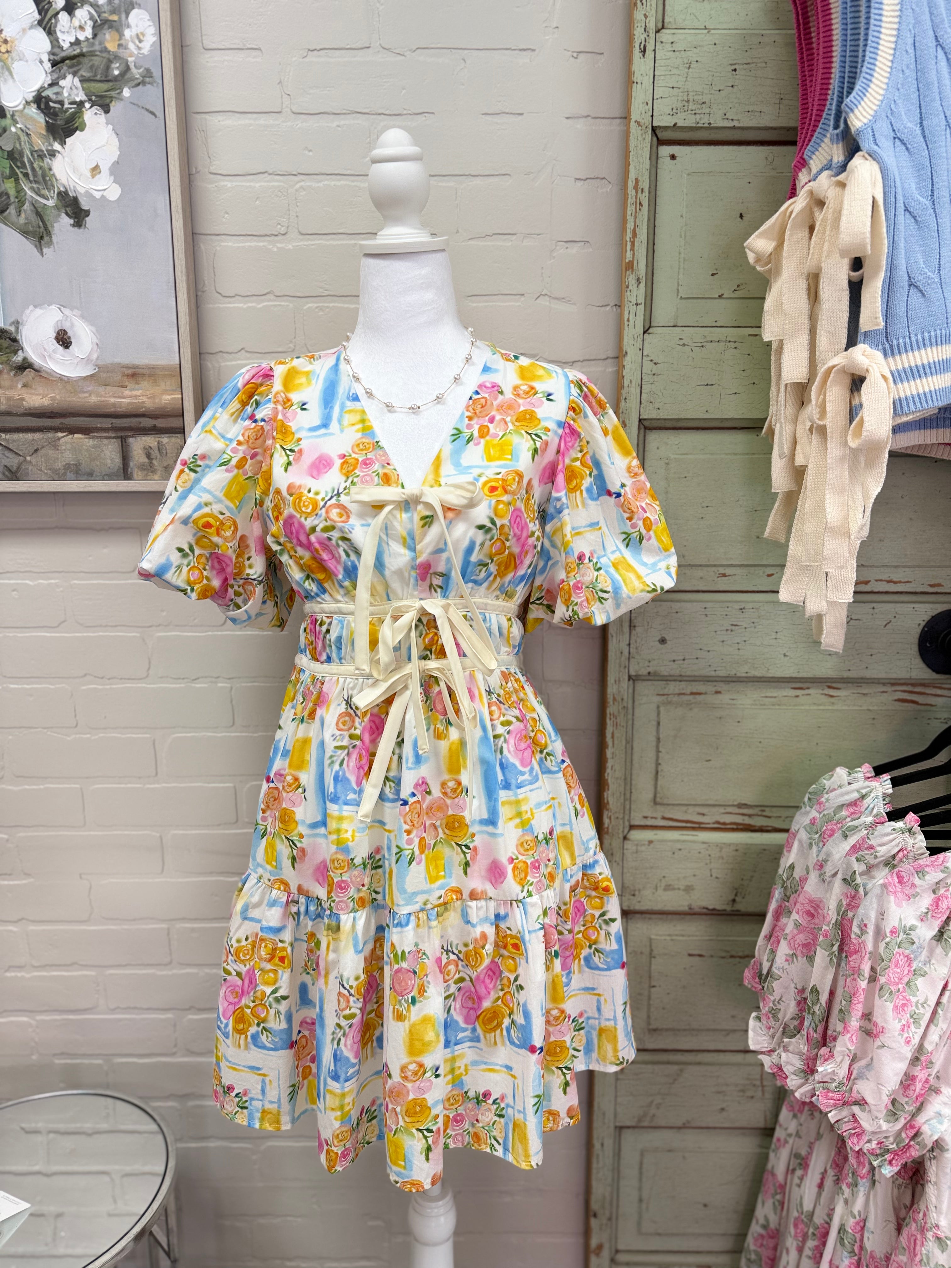 Floral Puff Sleeve Dress w/ Bows