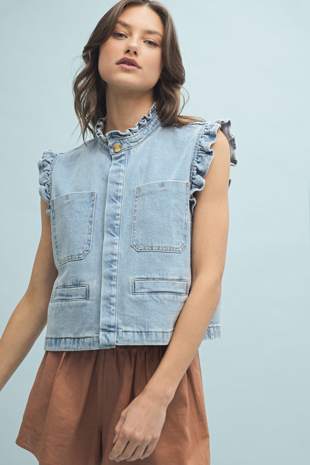 Denim Vest w/ Ruffle Detail