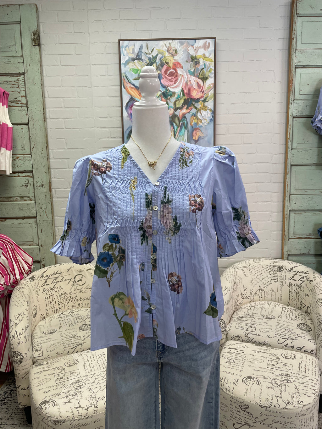 Blue Floral Pintuck Blouse