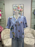 Blue Floral Pintuck Blouse