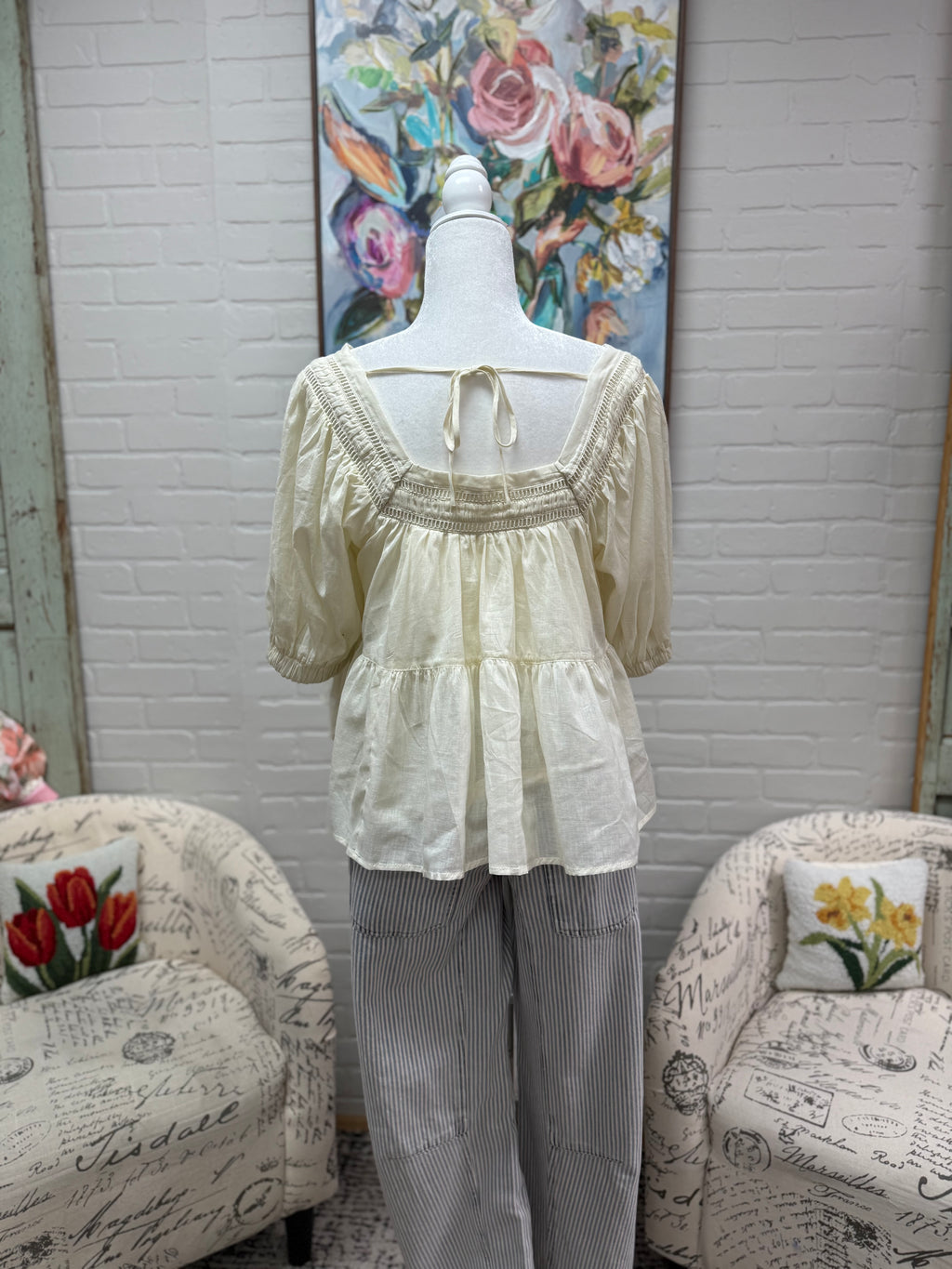 Cream Square Neck Tiered Blouse