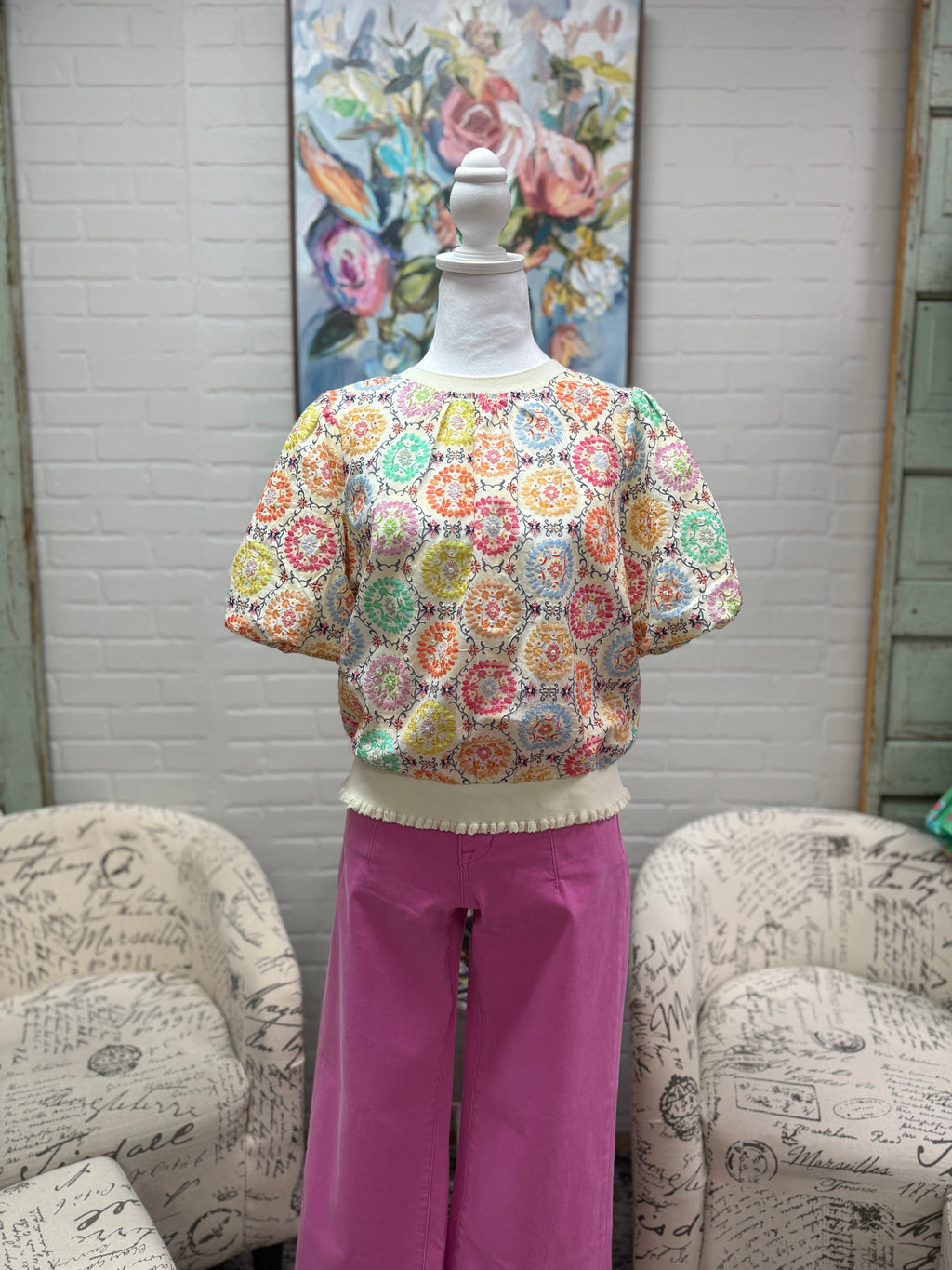 Floral Embroidered Bubble Sleeve Top