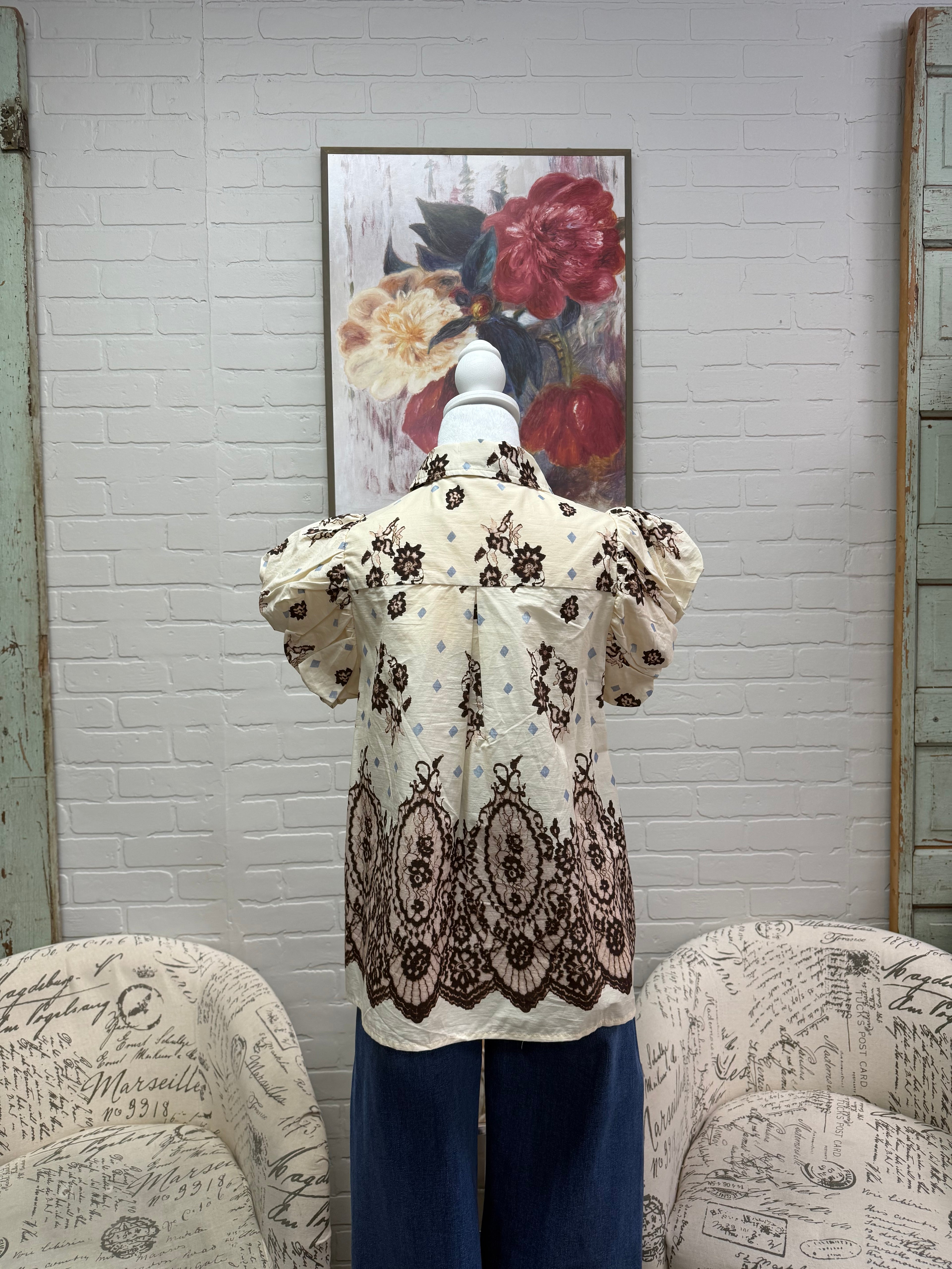 Ecru Print Peplum Top