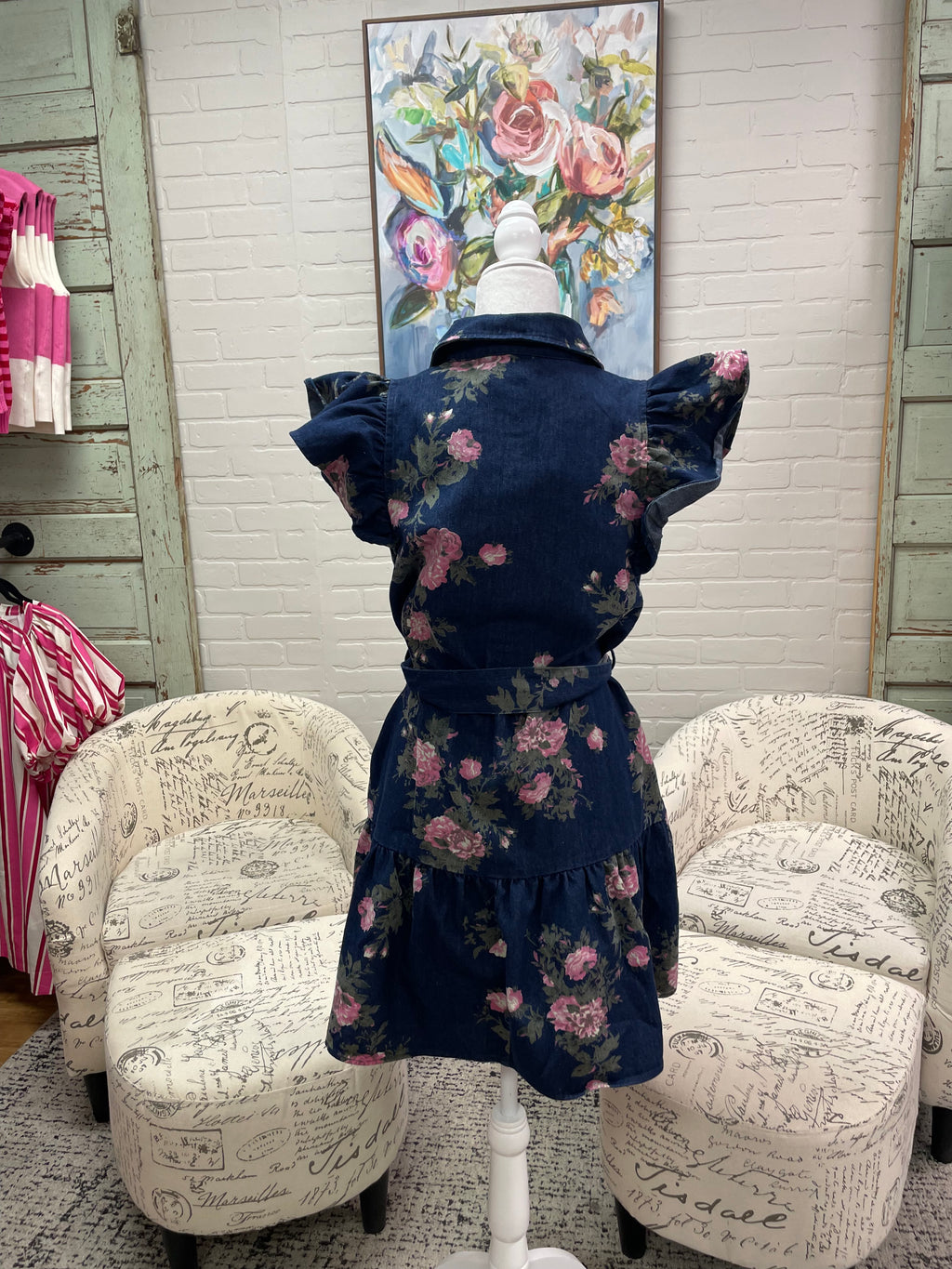 Dark Blue Denim Floral Dress