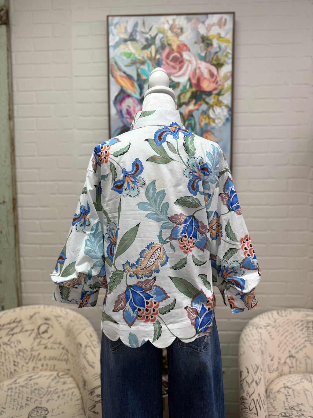 Off-White Floral 3/4 Sleeve Blouse
