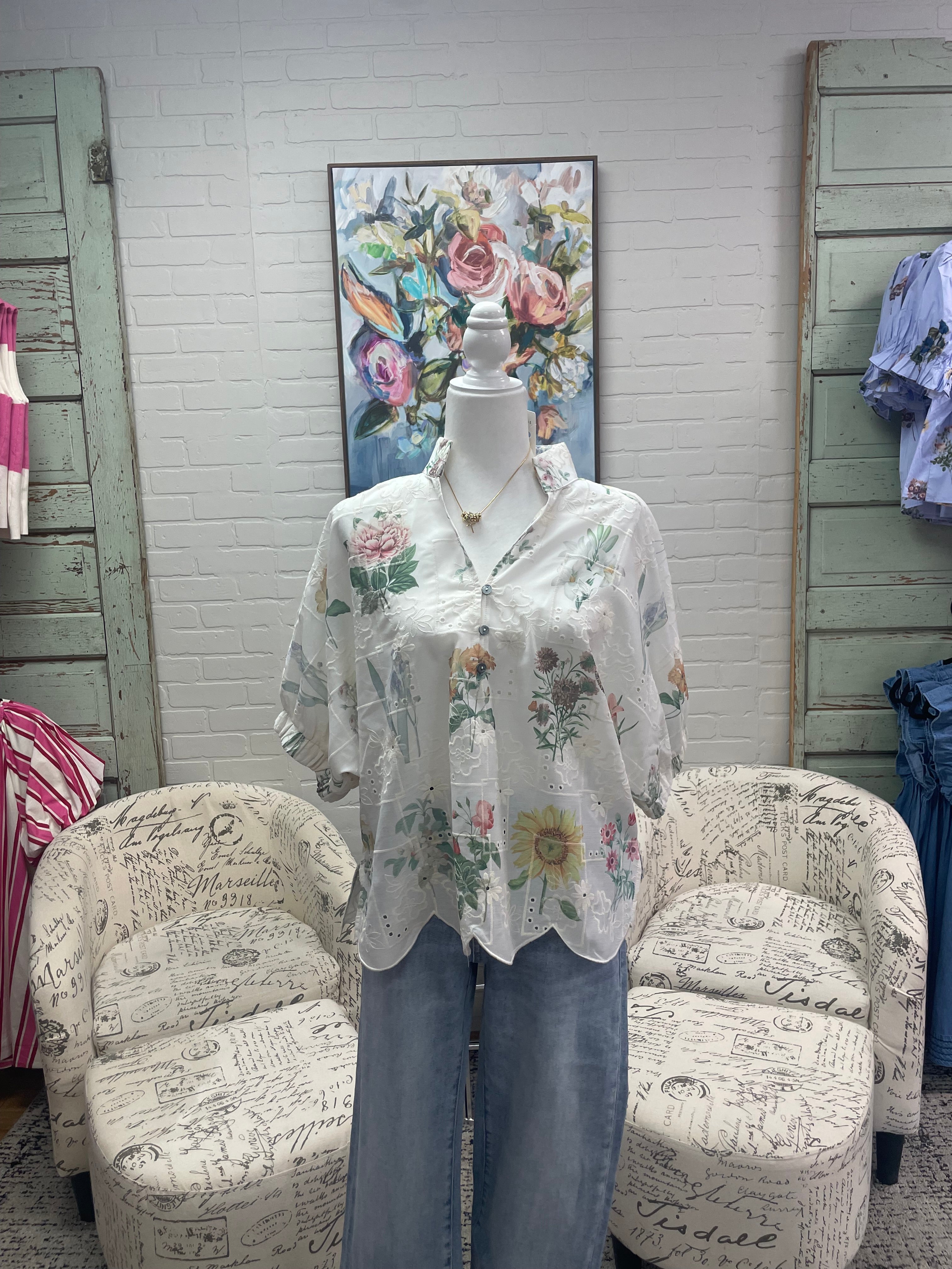 Cream Floral Eyelet Top