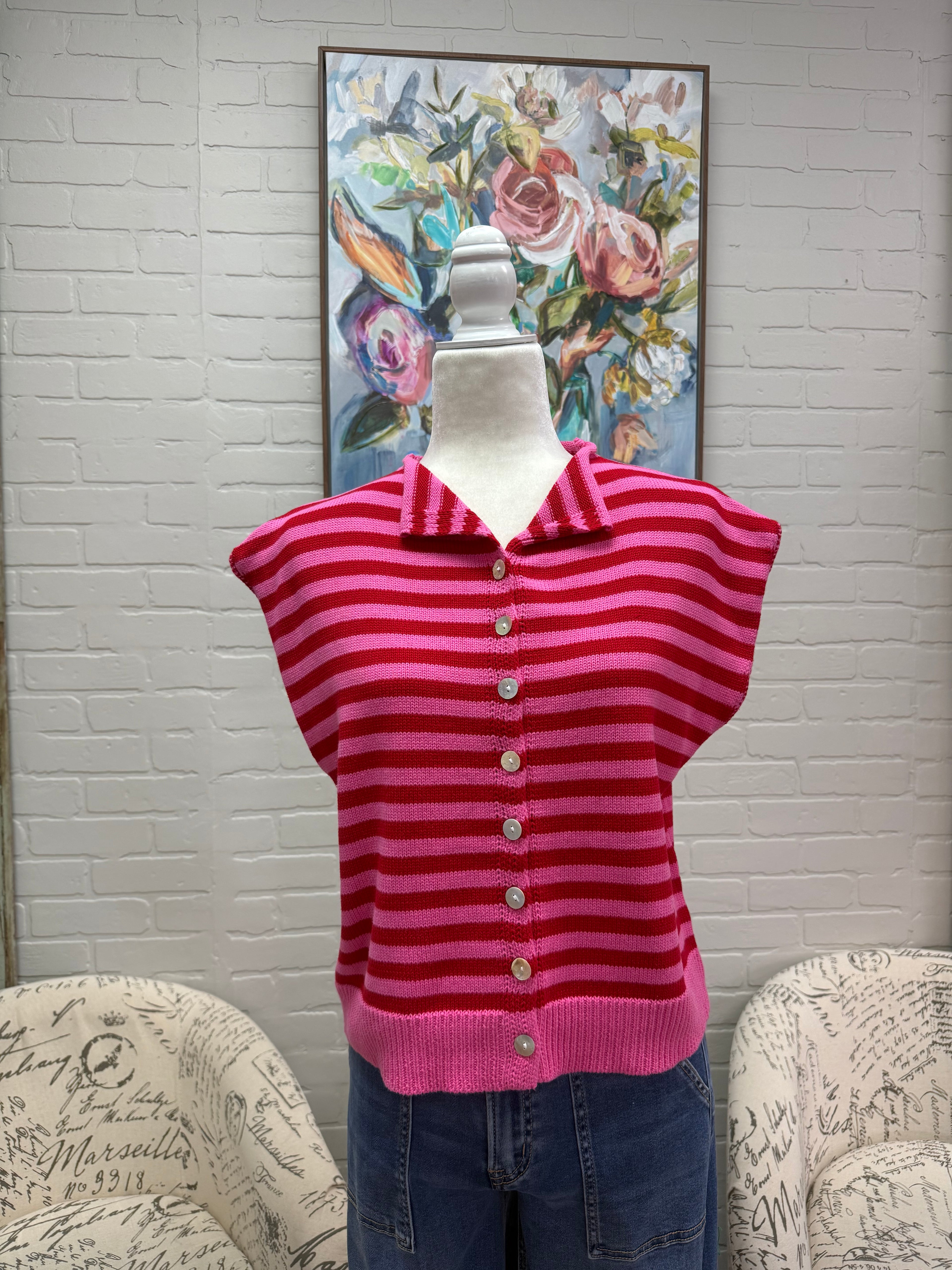 Pink Striped Button Down Vest