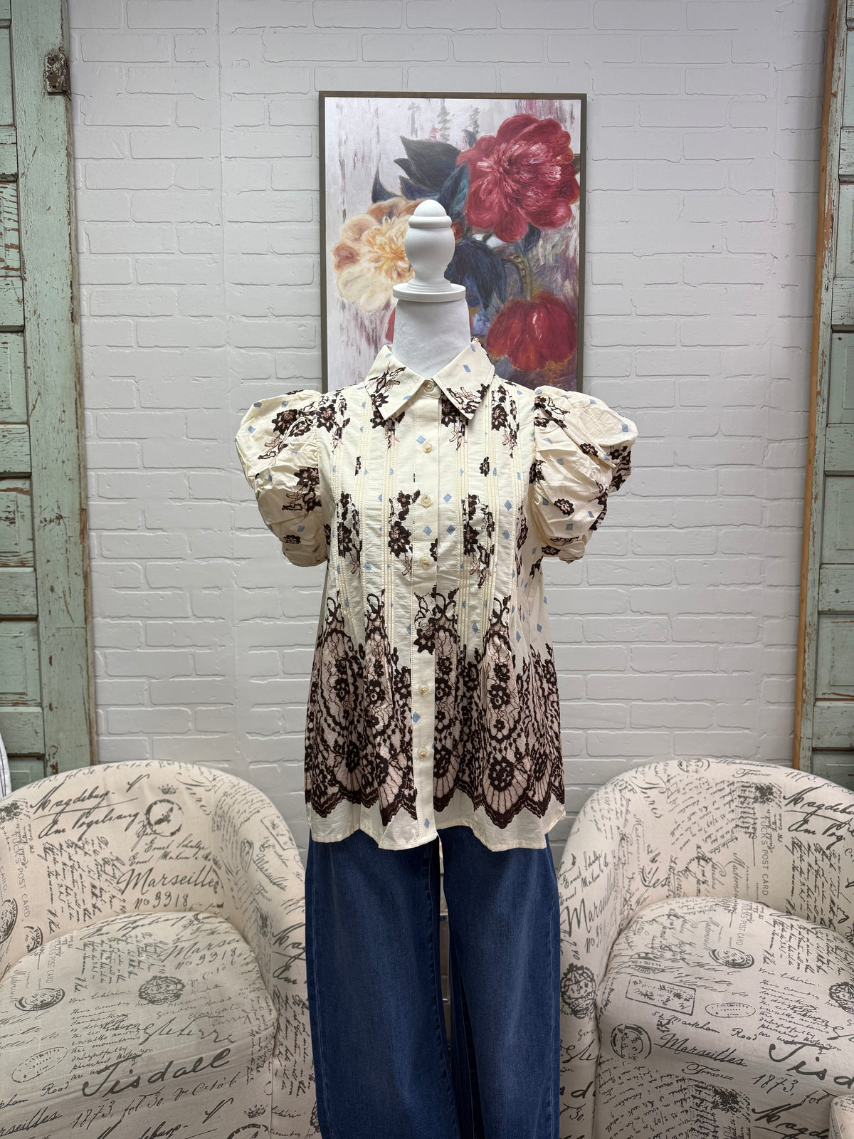 Ecru Print Peplum Top