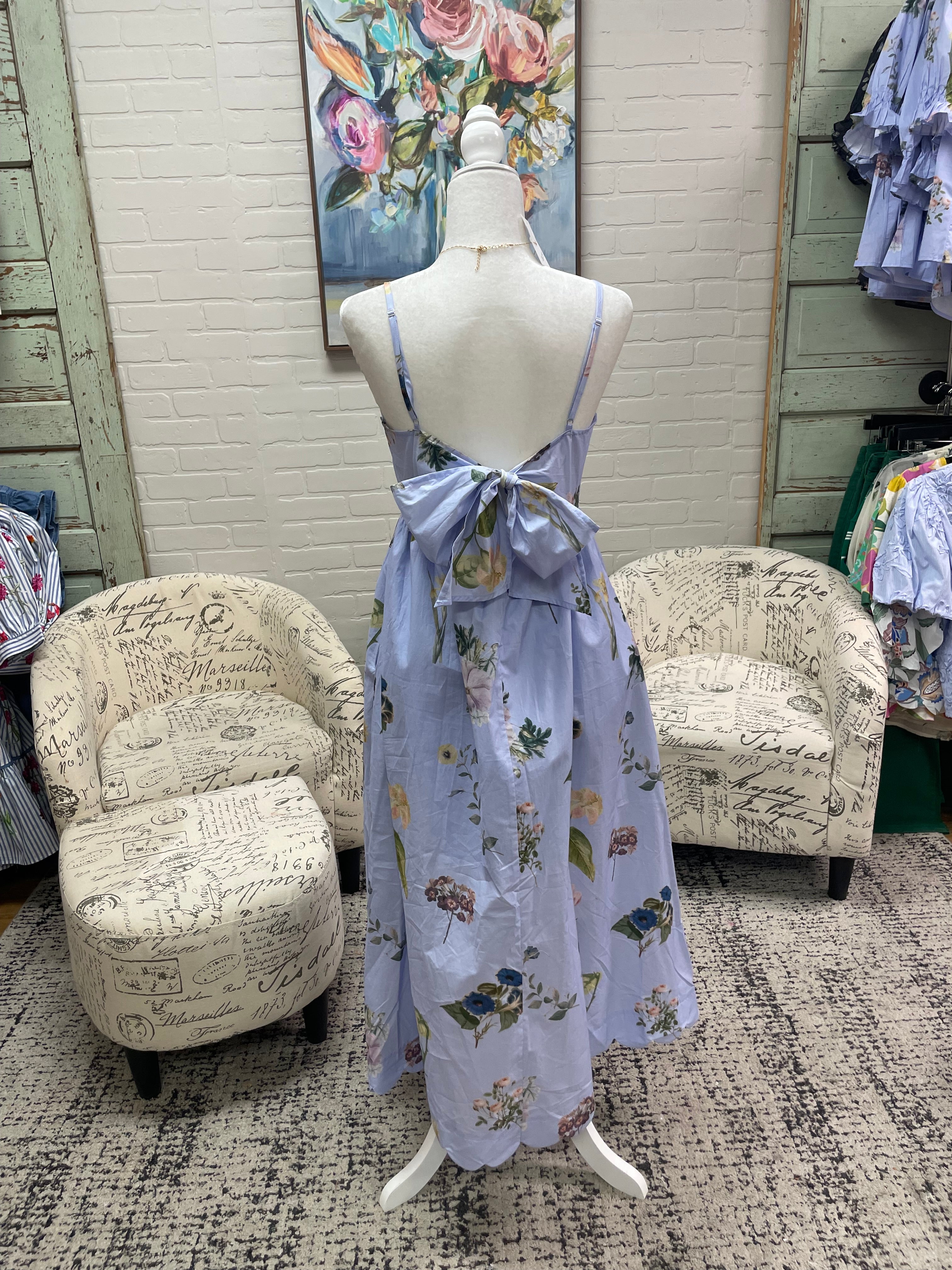 Blue Floral Tie Back Midi Dress