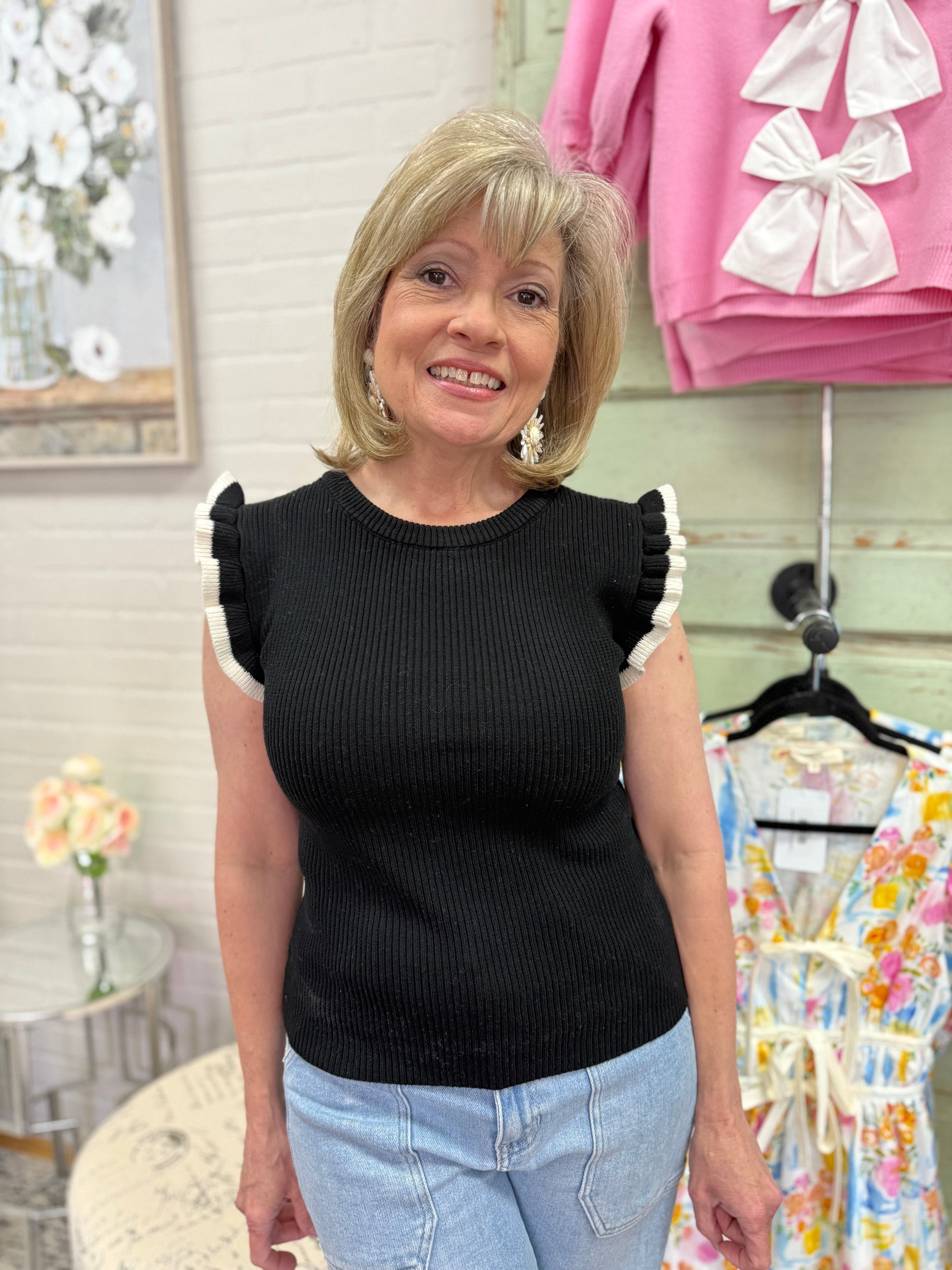 Black Ruffle Sleeve Knit Sweater Top