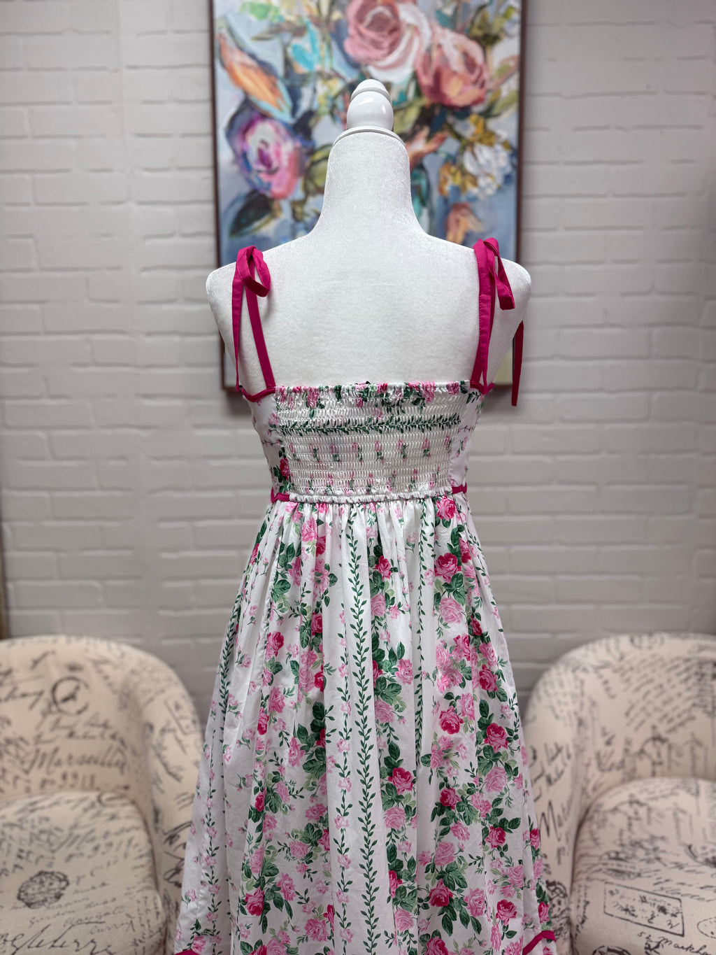 Cream & Pink Floral Midi Dress