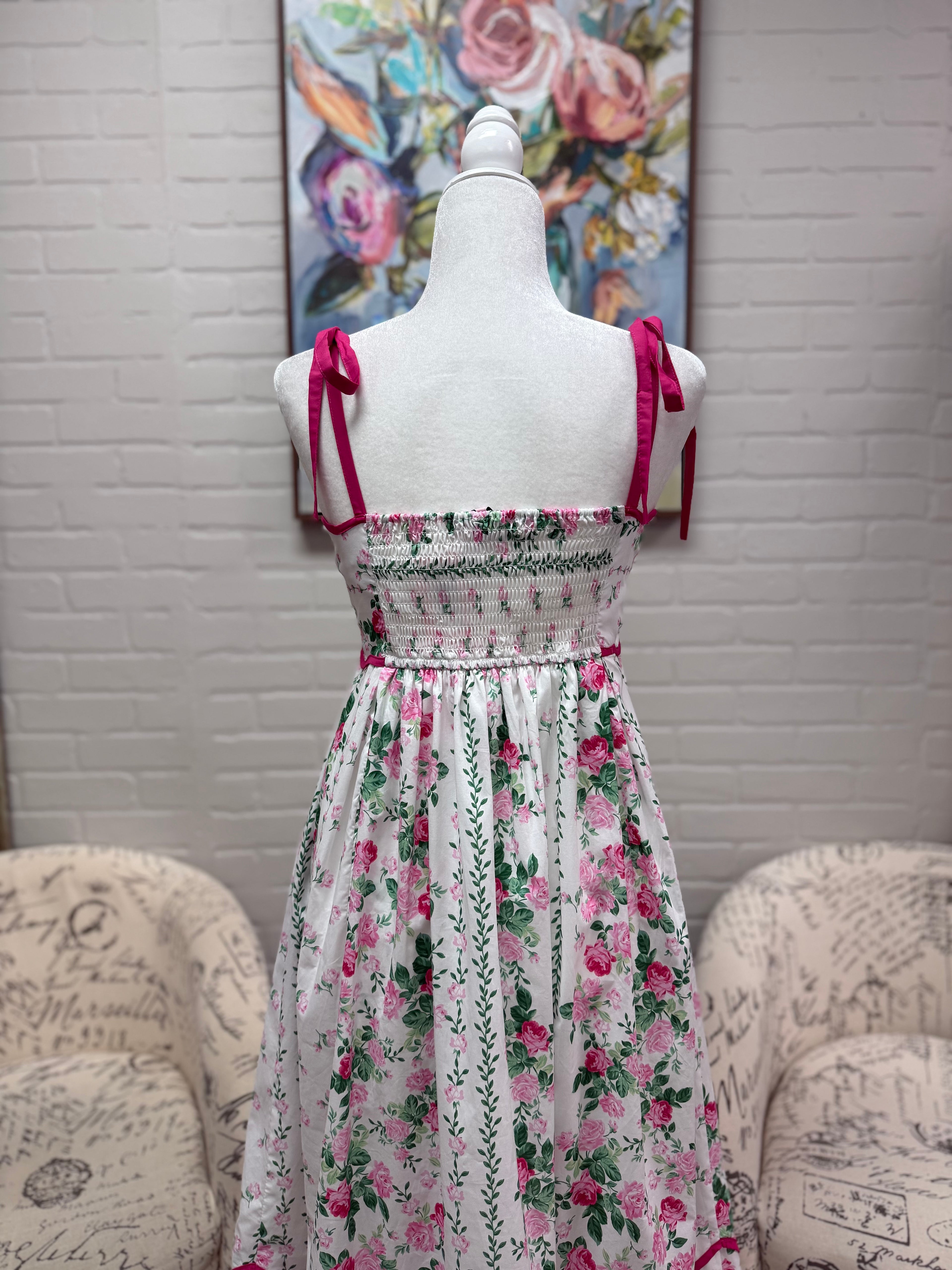 Cream & Pink Floral Midi Dress