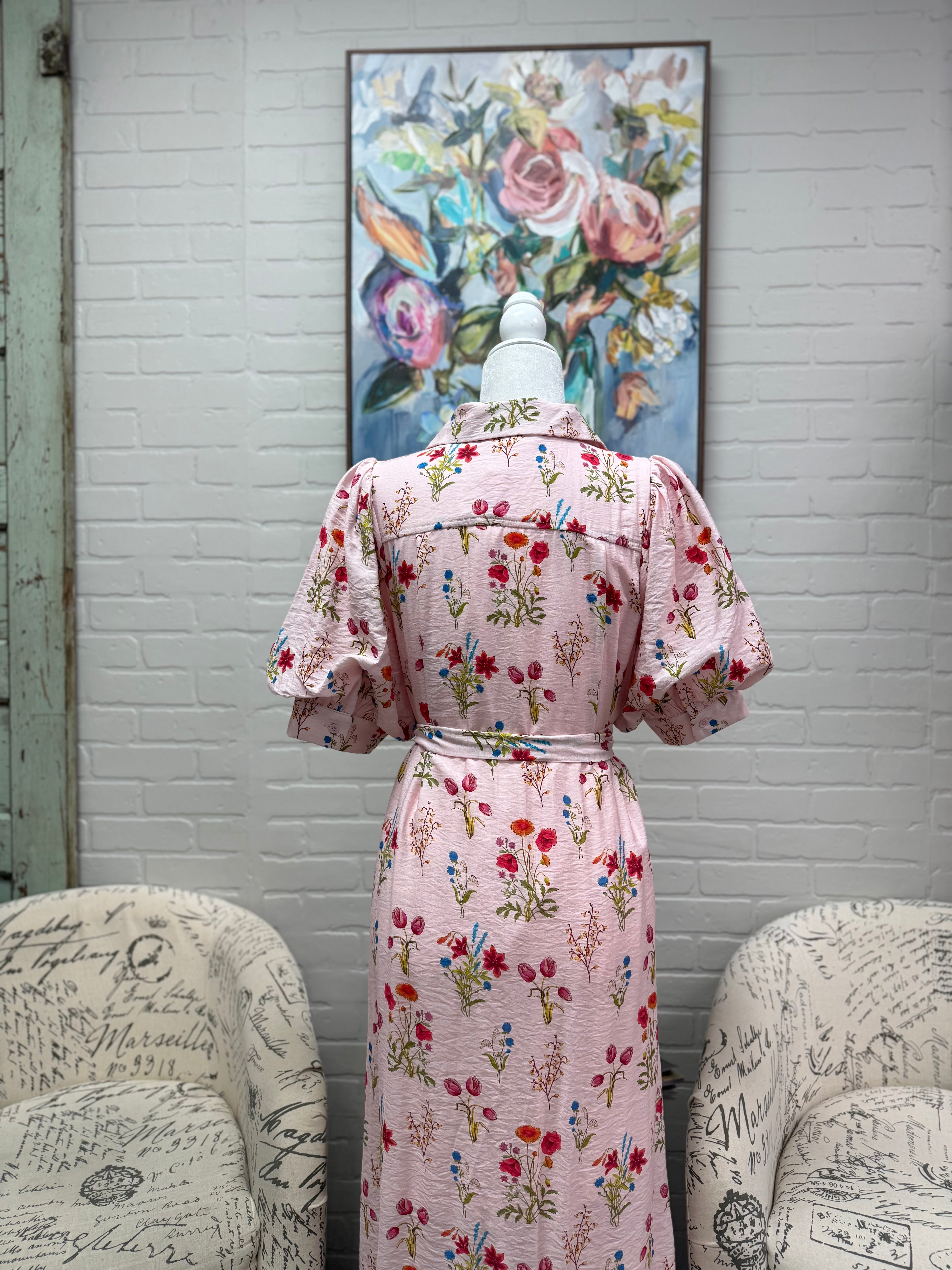 Pink Floral Tie Belt Midi Dress