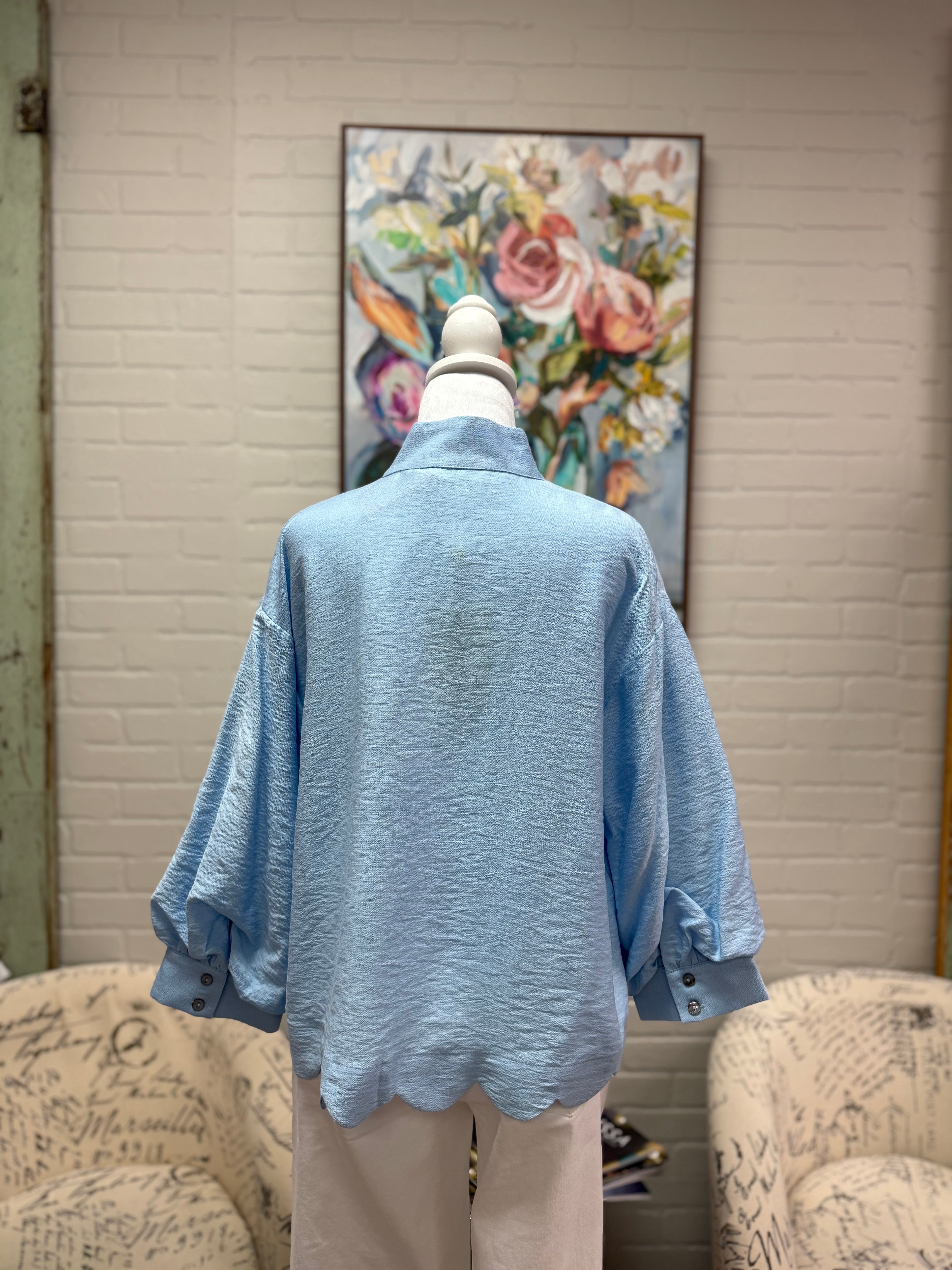 Blue 3/4 Sleeve Scalloped Top