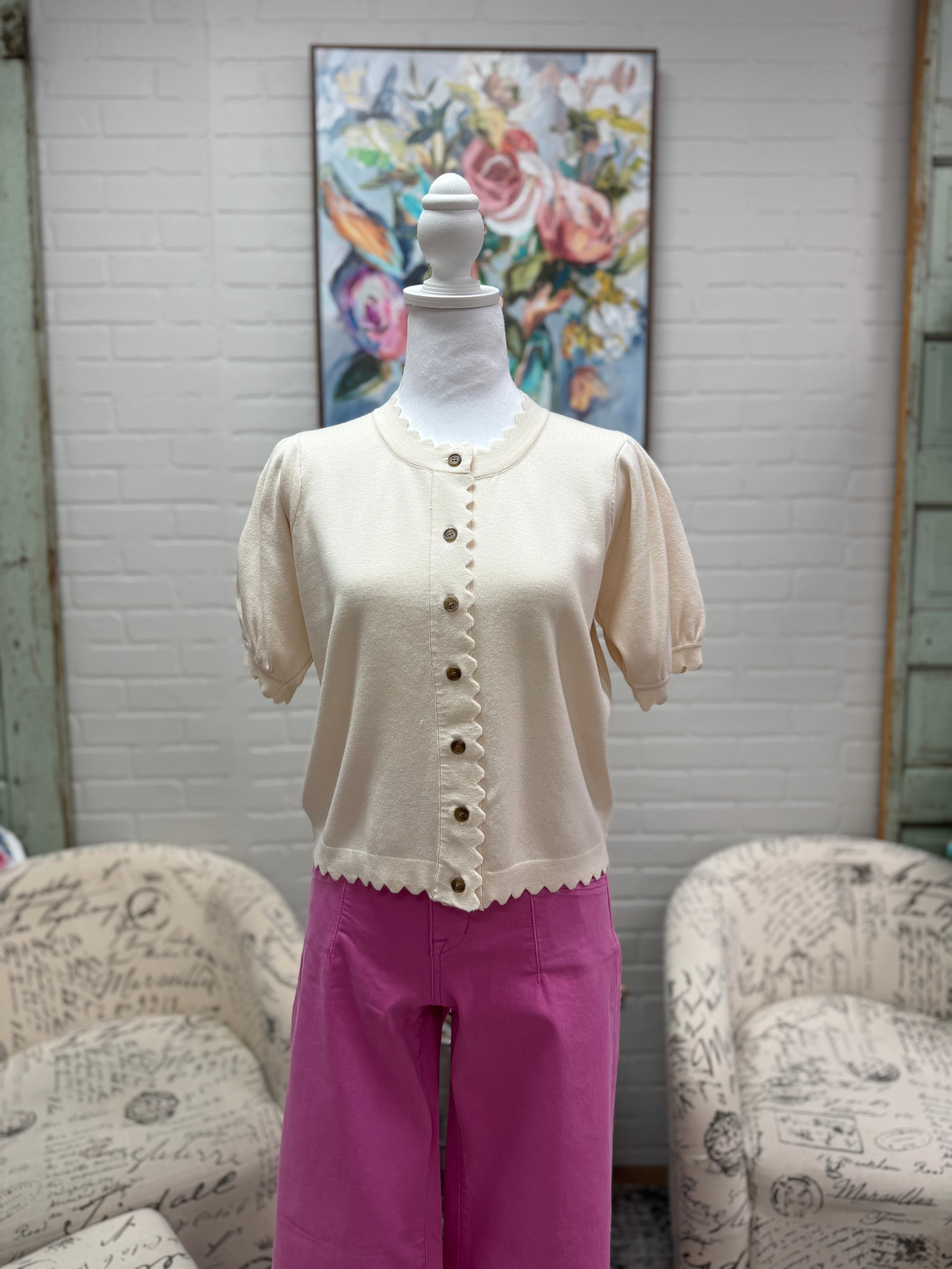 Cream Short Sleeve Button Up Sweater