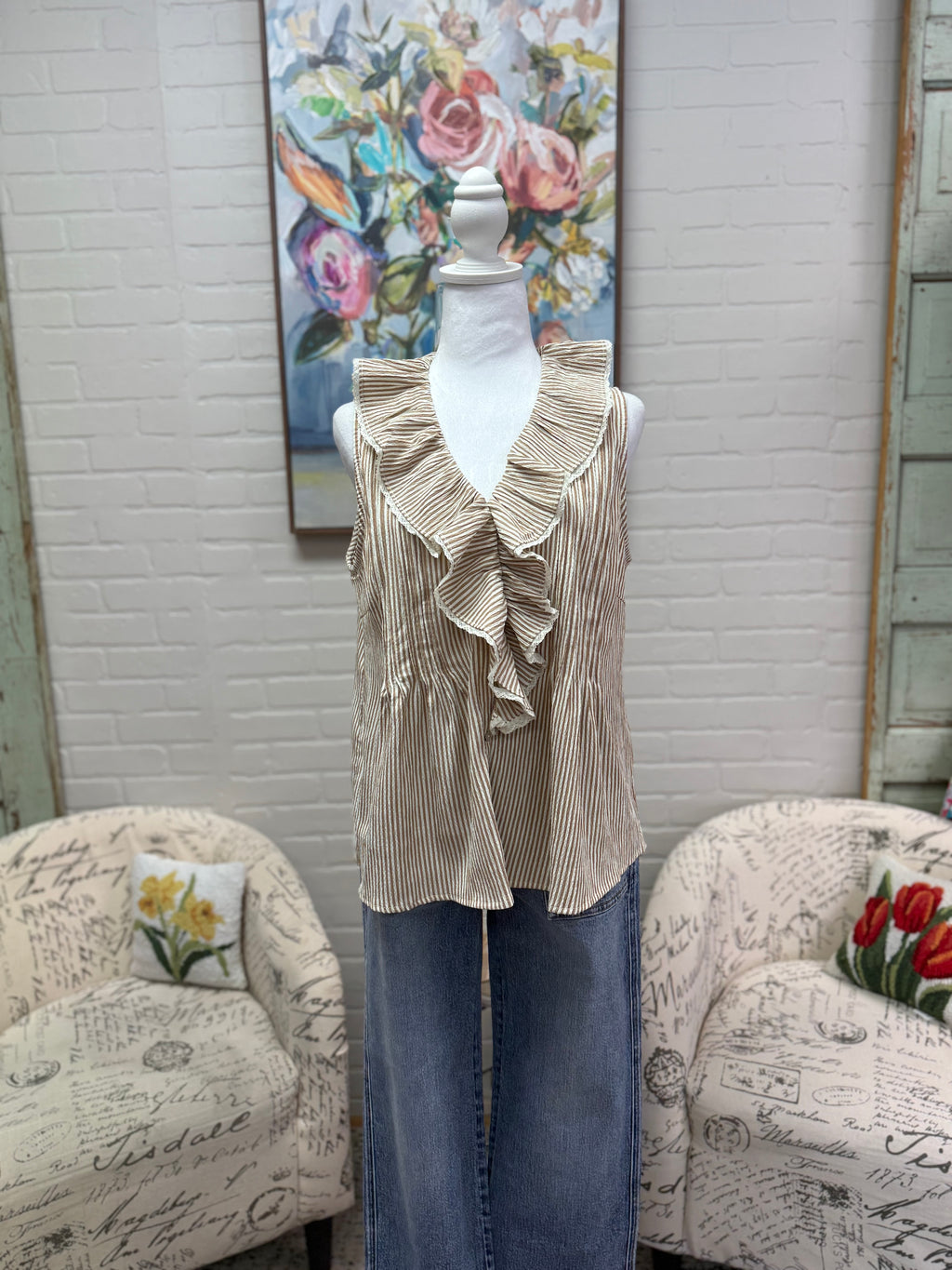 Tan Striped Pintuck Blouse