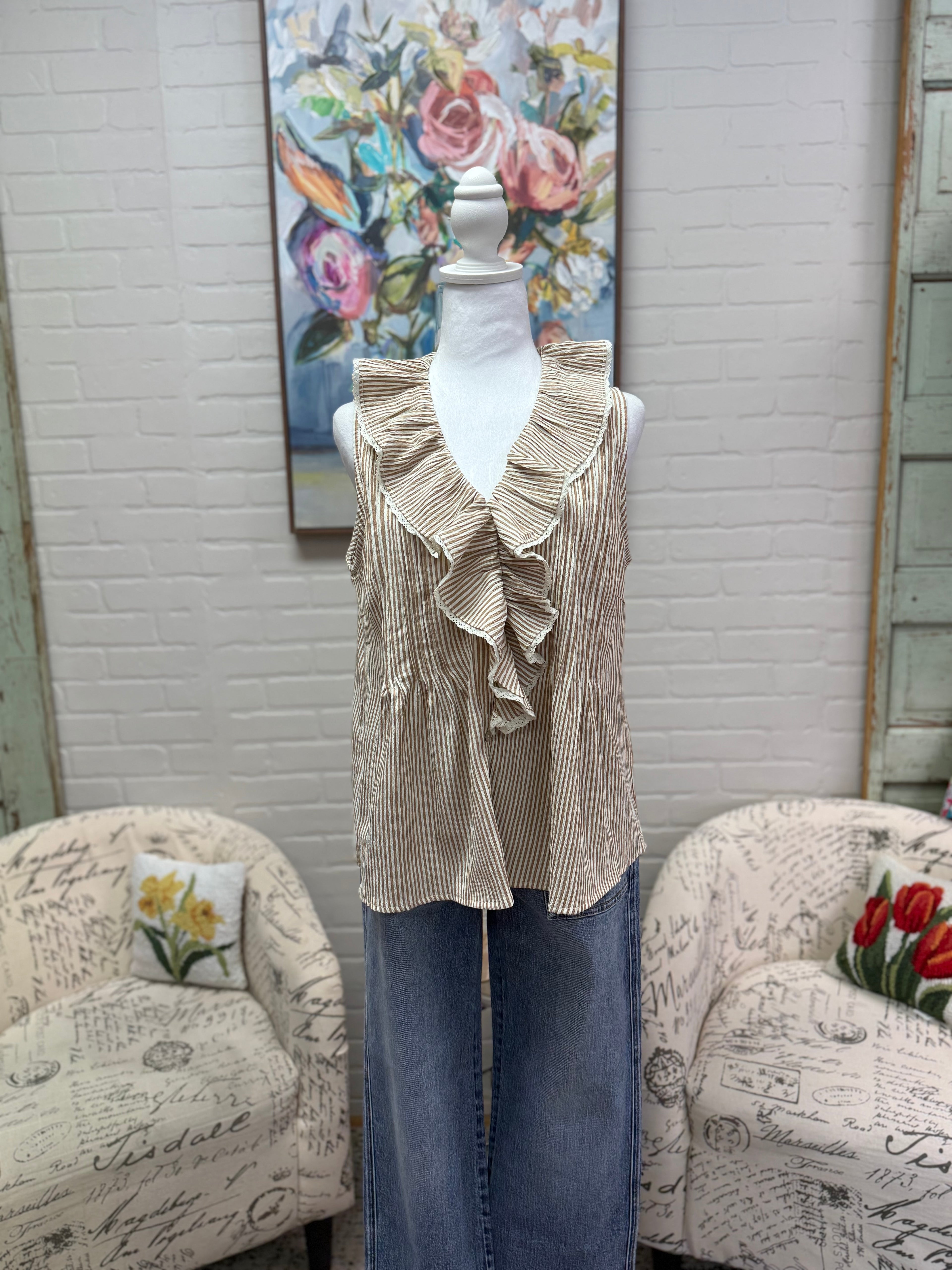 Tan Striped Pintuck Blouse