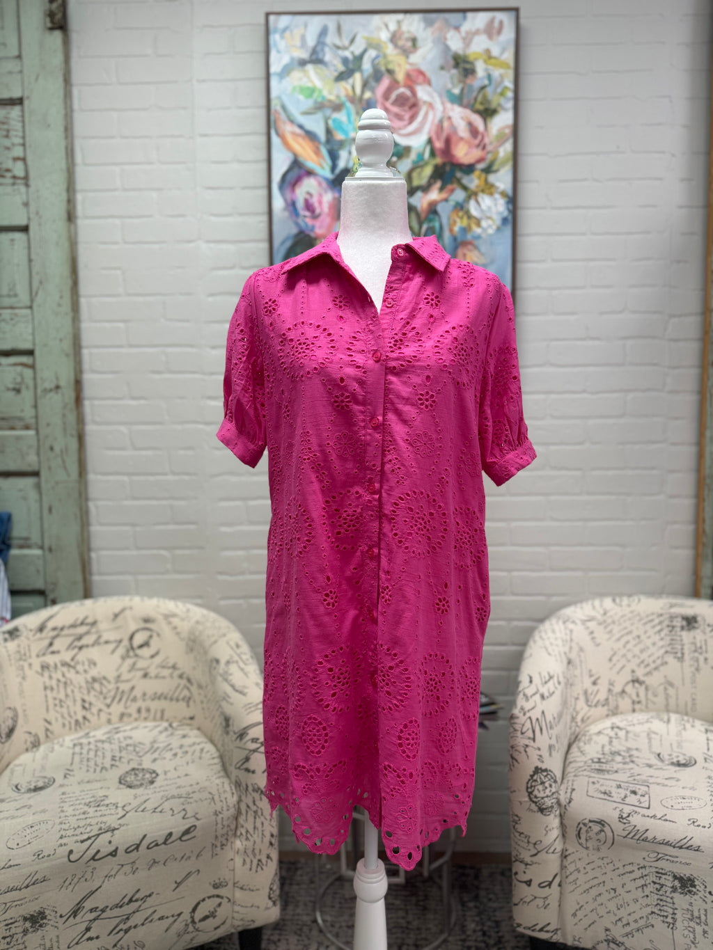 Pink Eyelet Button Down Dress