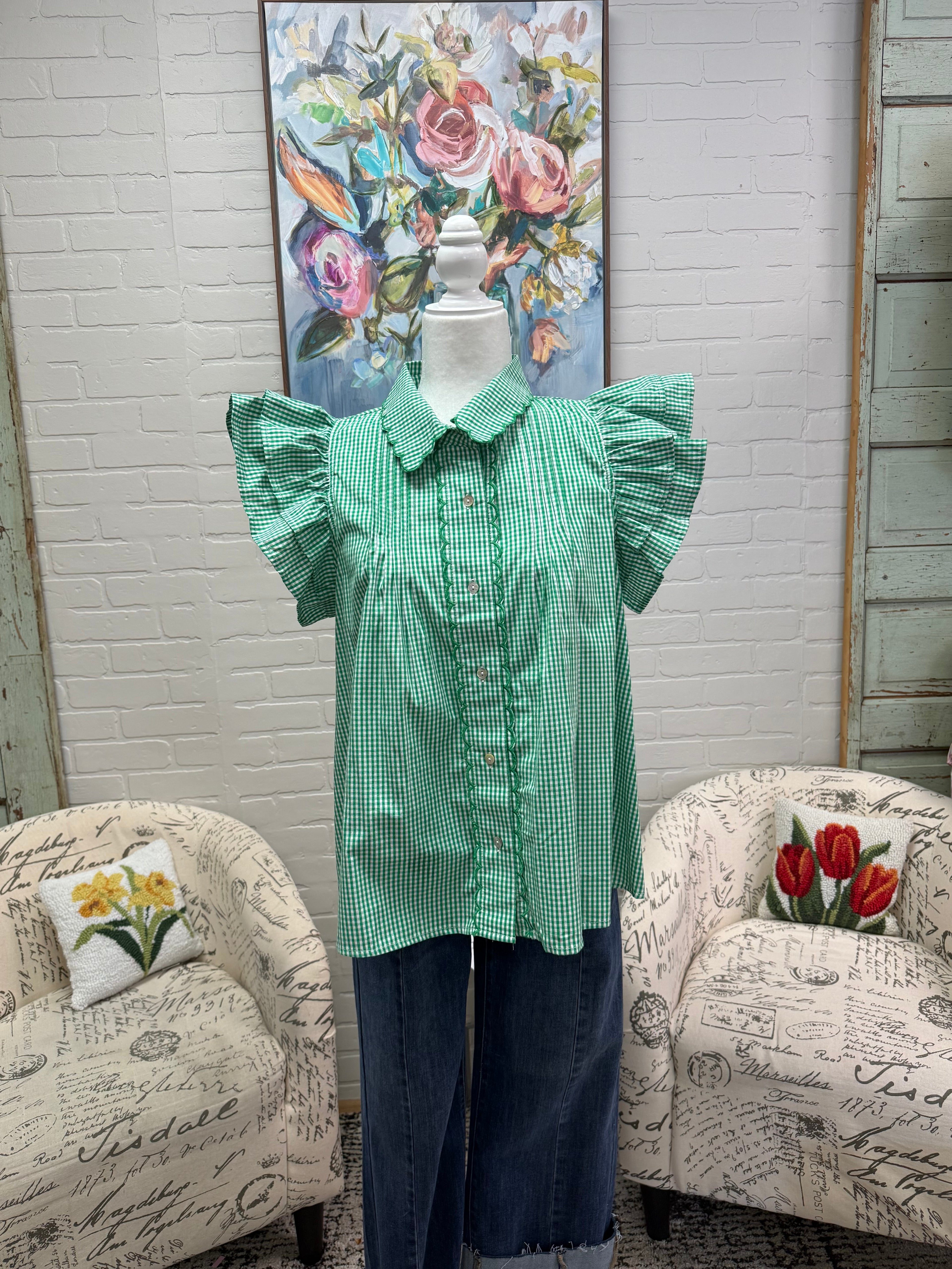 Green Gingham Flutter Sleeve Blouse