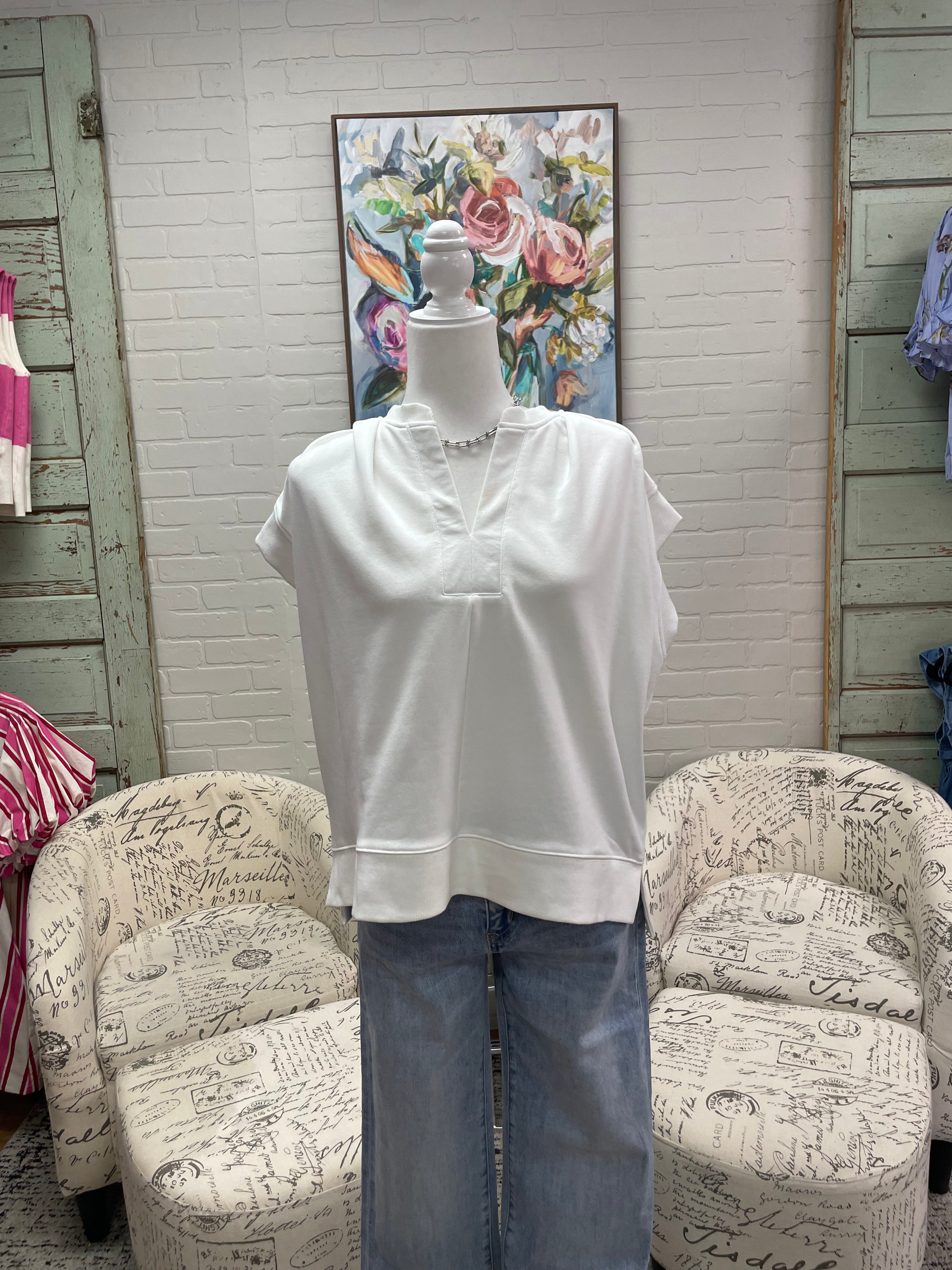 Off White Pleated Split Neck Top