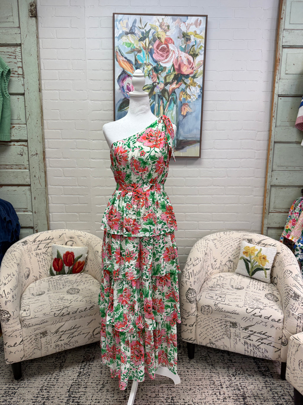 Cream Floral Tiered Midi Dress