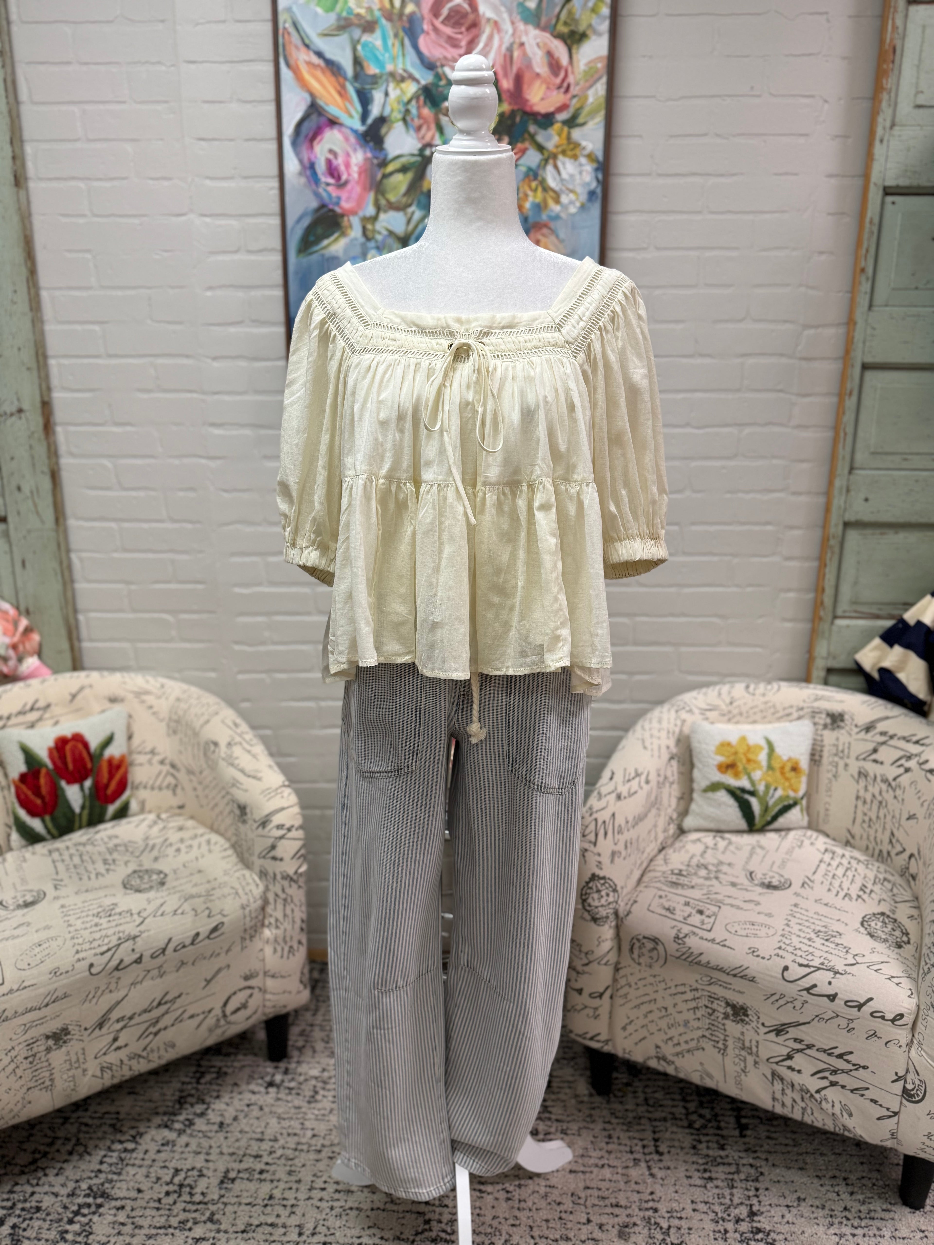 Cream Square Neck Tiered Blouse