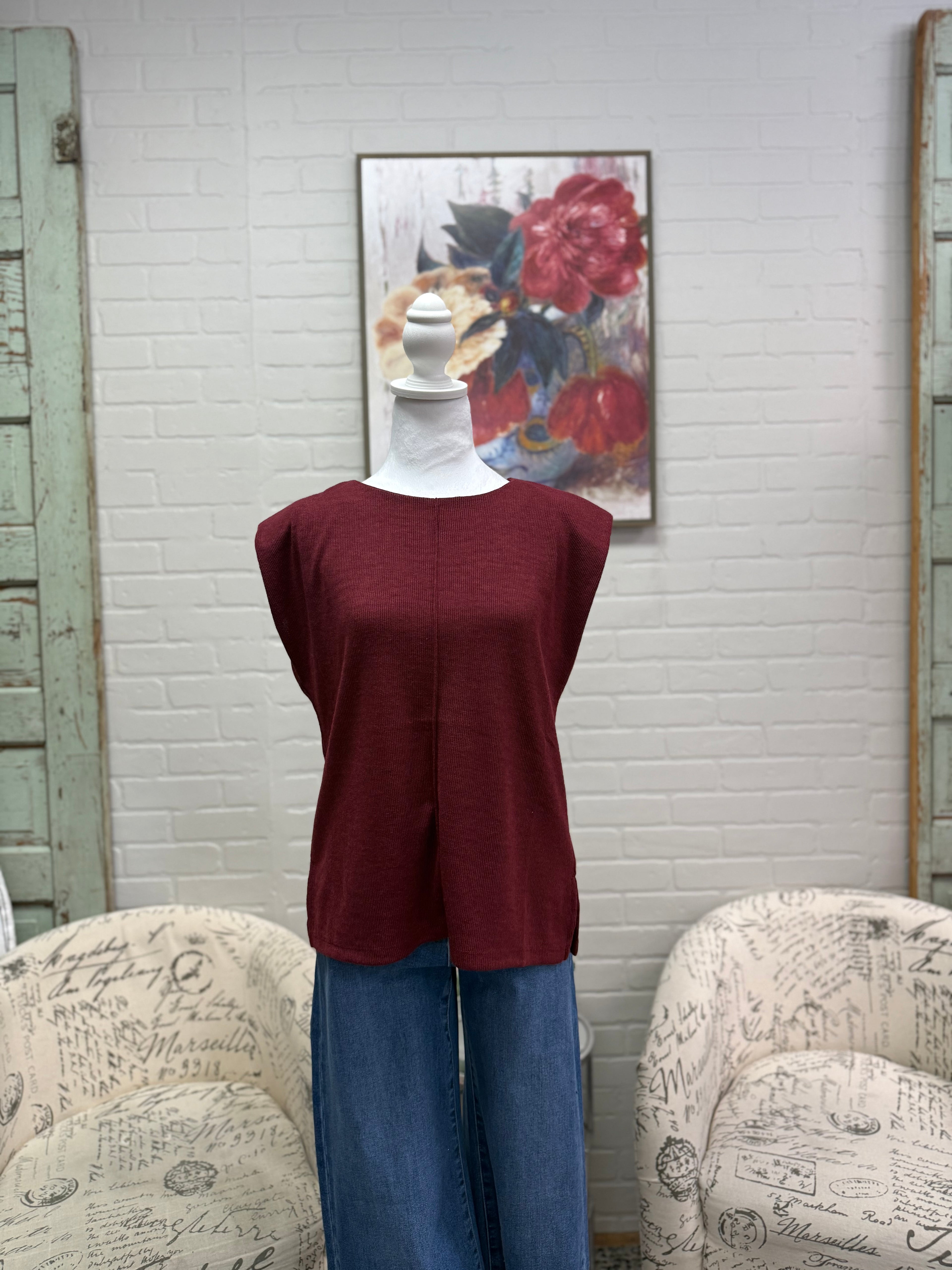 Burgundy Padded Shoulder Sweater