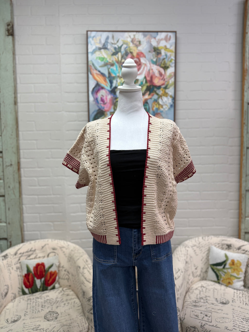Natural Short Sleeve Contrast Cardigan