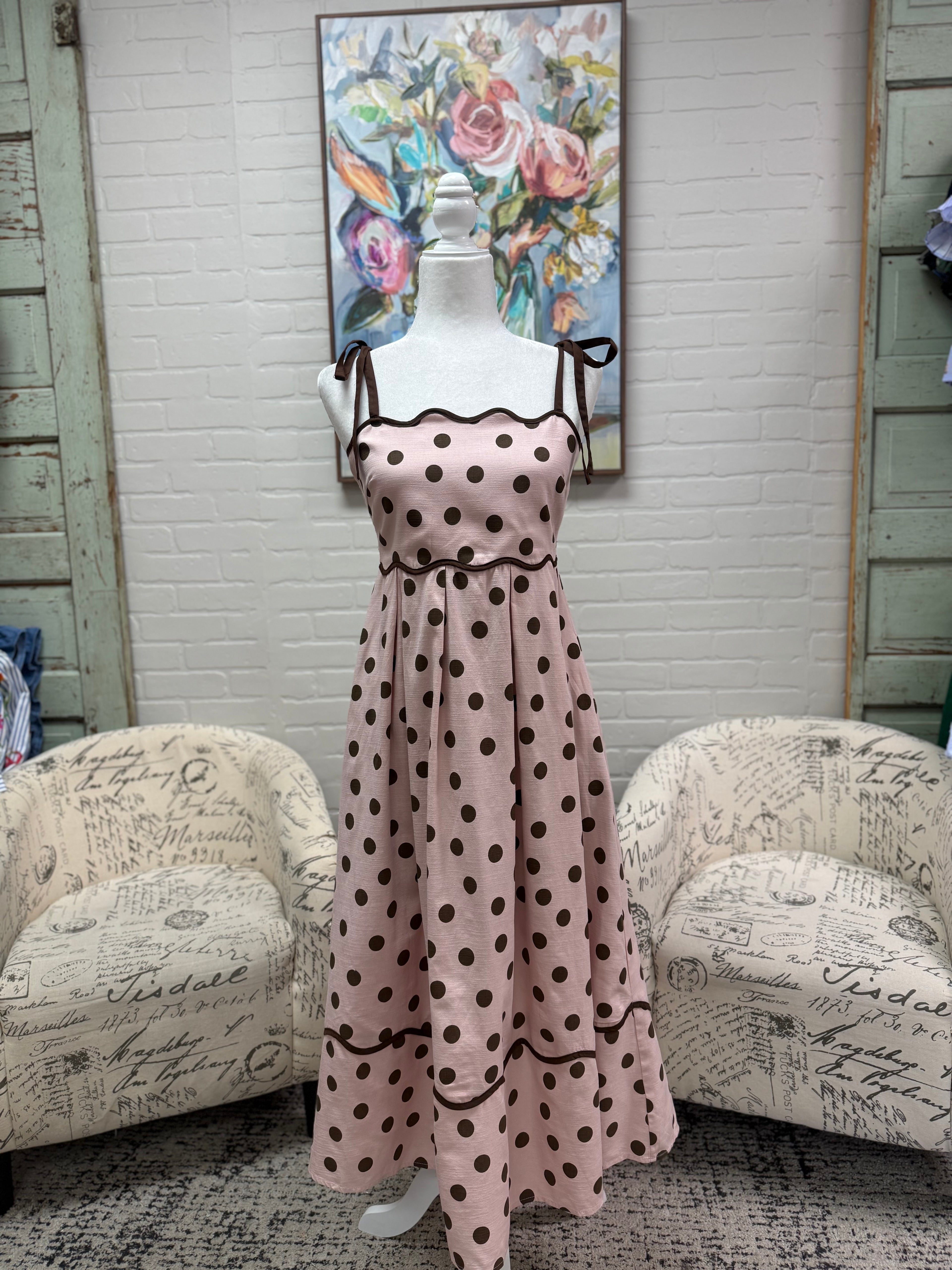 Pink & Chocolate Polka Dot Midi Dress